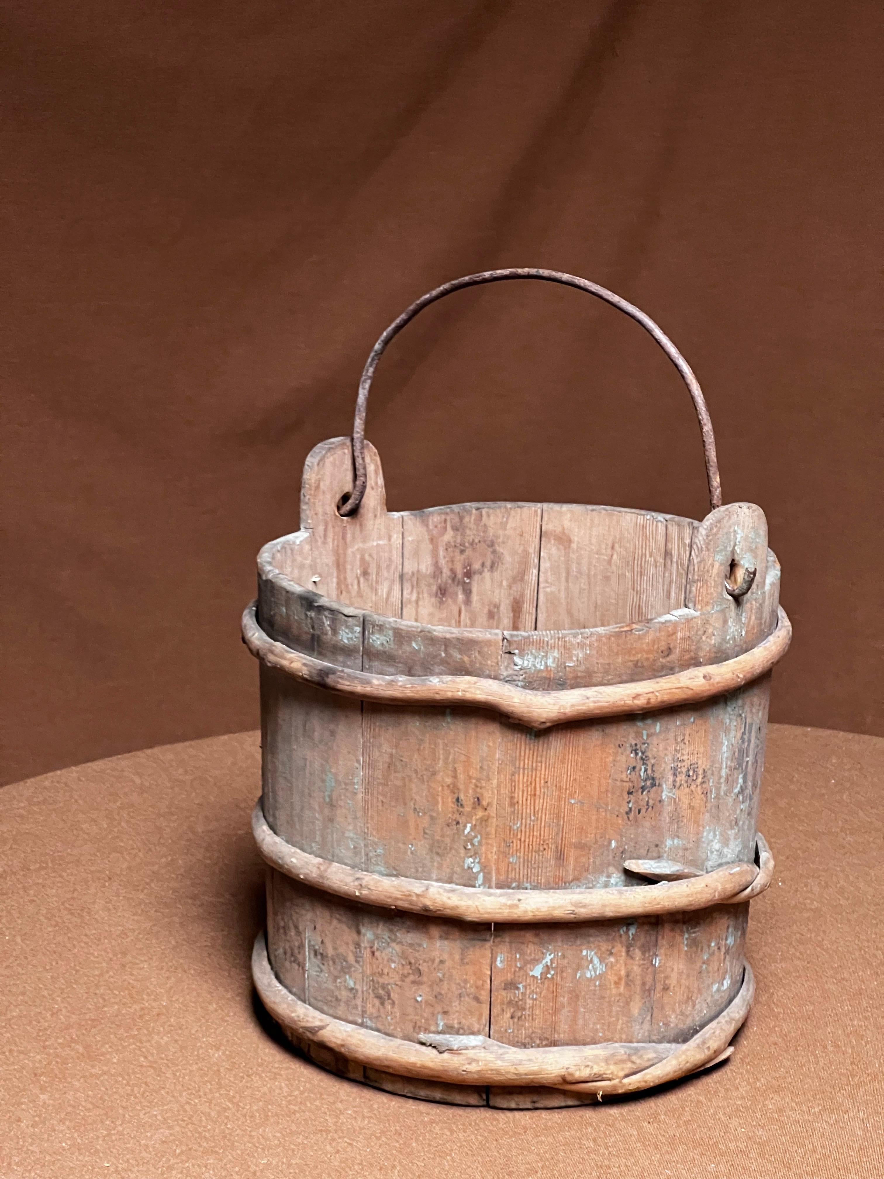 Birch Antique Swedish Wooden basket 1800's painted in blue tones Handmade Folk Craft For Sale