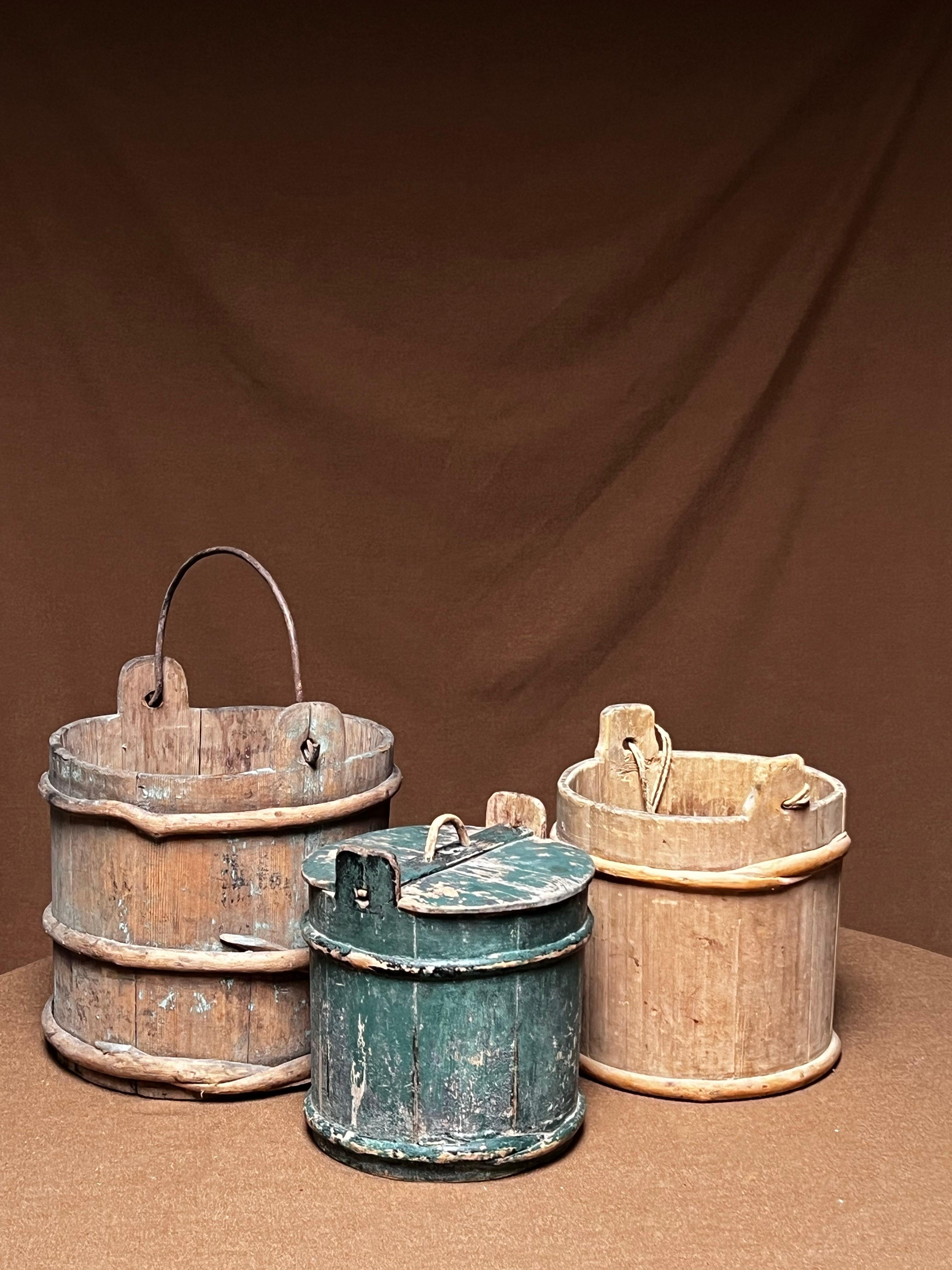 19th Century Antique Swedish Wooden basket 1800's painted in warm tones Handmade Folk Craft