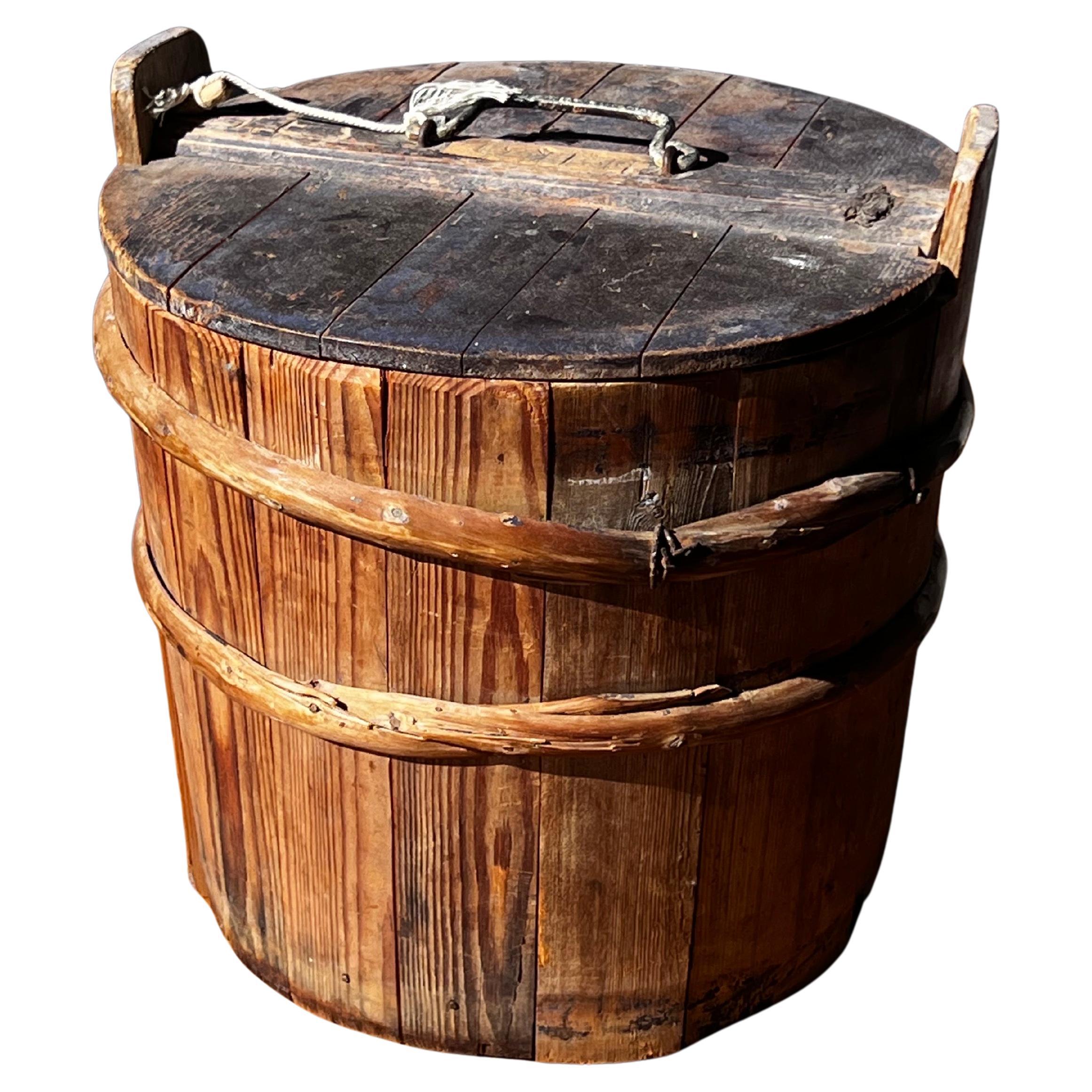 Antique Swedish Wooden basket 1800's painted in warm tones Handmade Folk Craft For Sale
