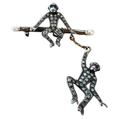 Antique Victorian Swinging Monkey Brooch Rose cut Diamonds Silver Gold 9 k