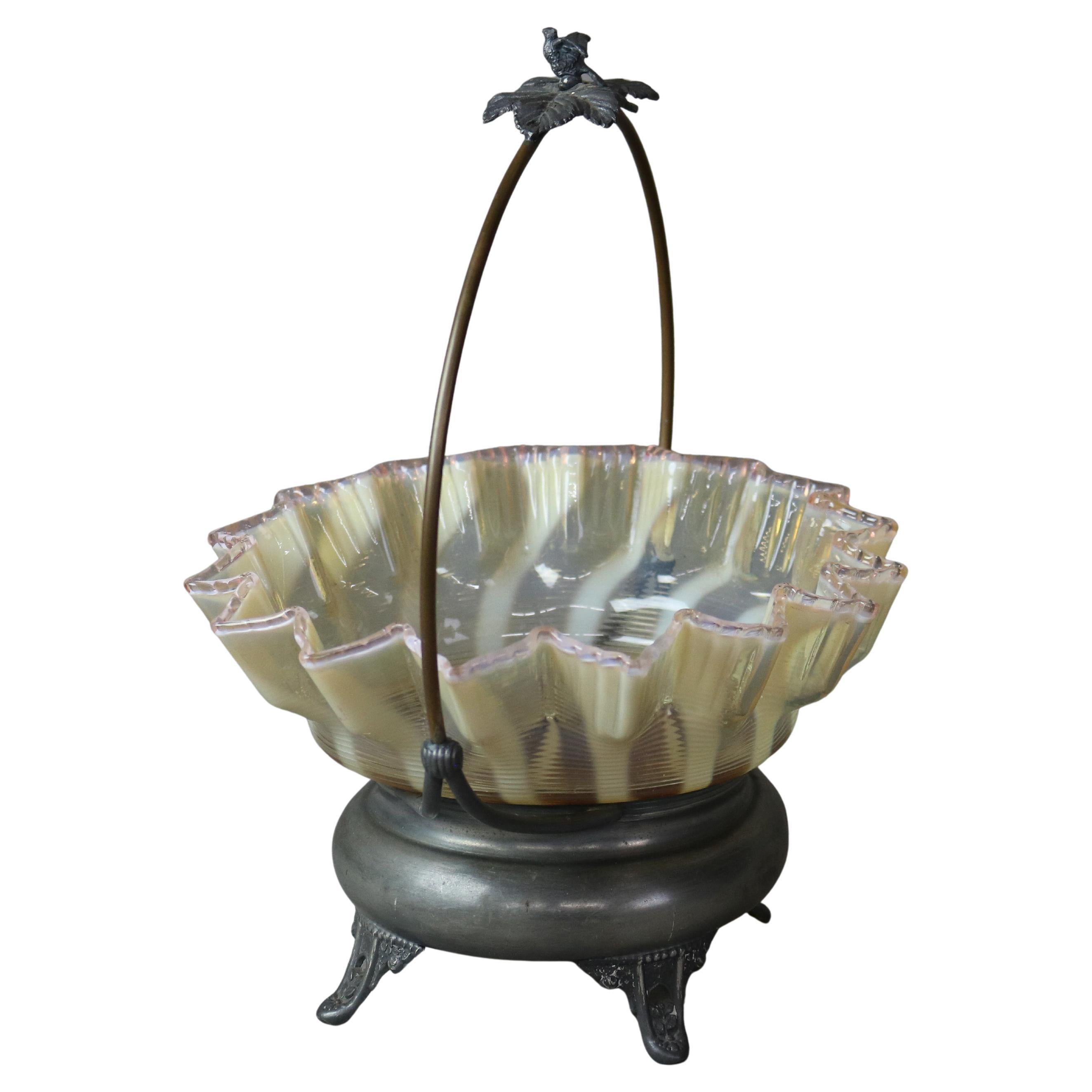 Antique Swirled Opalescent Ruffled Rim Art Glass Bride’s Basket C1890