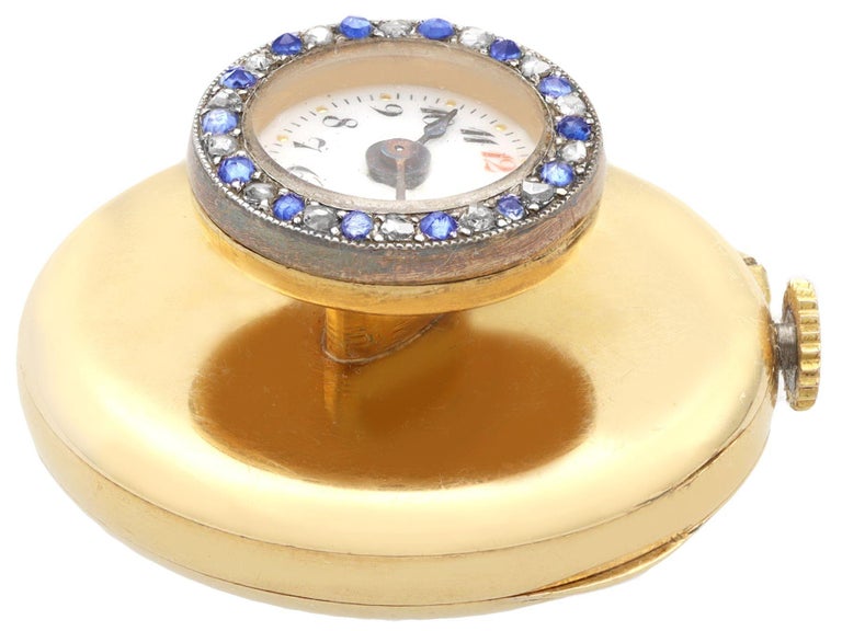 Round Cut Antique Swiss Sapphire and Diamond Yellow Gold Lapel Watch For Sale