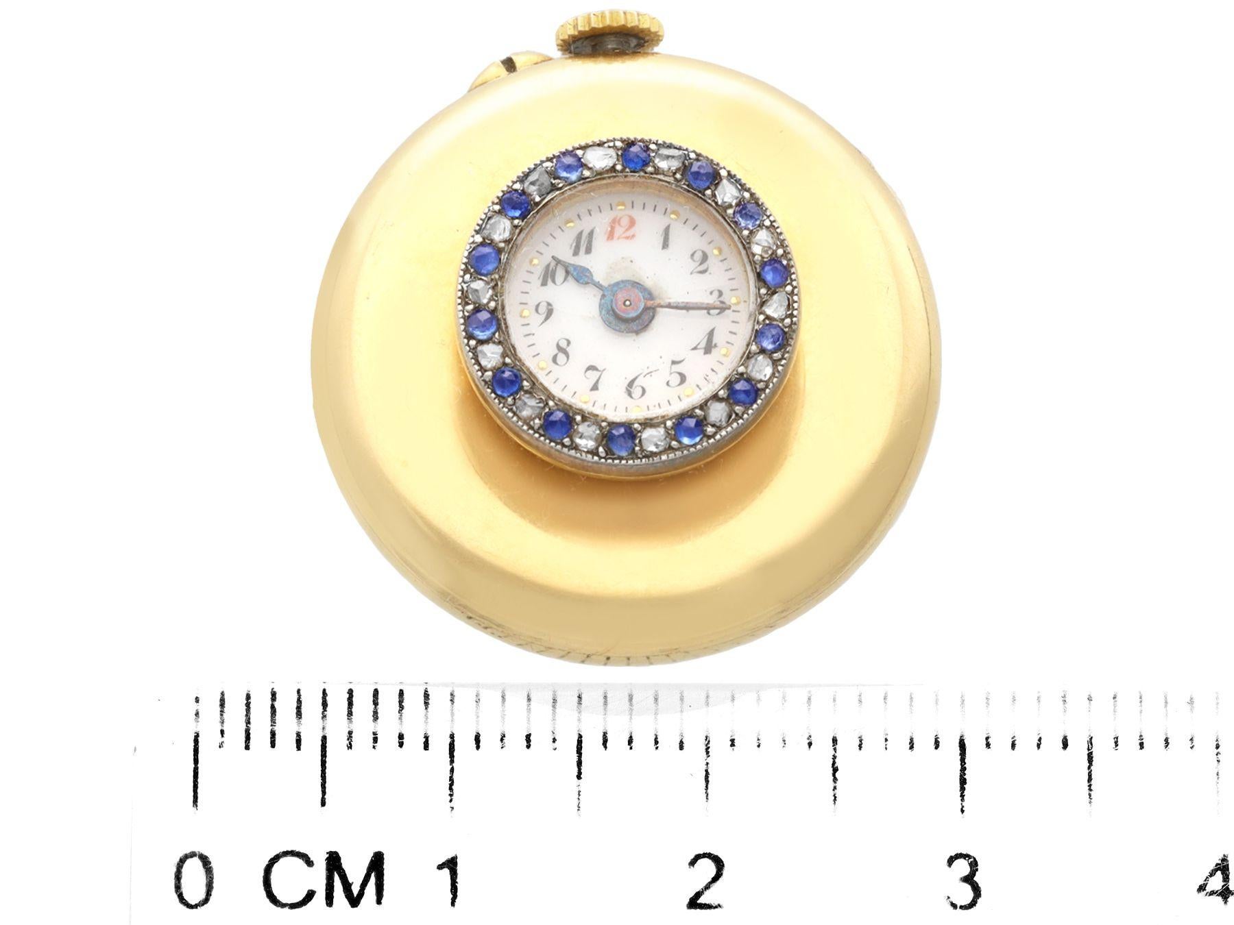 Round Cut Antique Swiss Sapphire and Diamond 18K Yellow Gold Lapel Watch For Sale