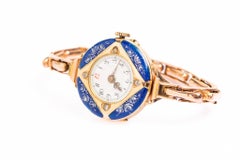 Antique Swiss 14 ct Gold Blue Guilloché  Enamel And Diamond Wristwatch