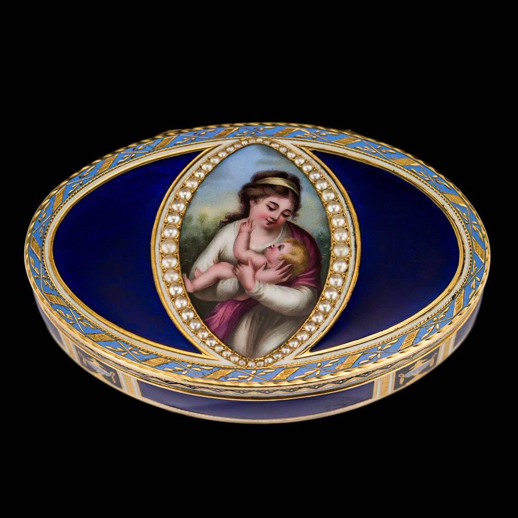 Antique early 19th century Swiss 18-karat gold snuff box, the lid decorated with a delicately hand painted miniature depicting a mother and child surrounded by graduating fresh water pearls, engine-turned decoration on lid, sides and base, applied