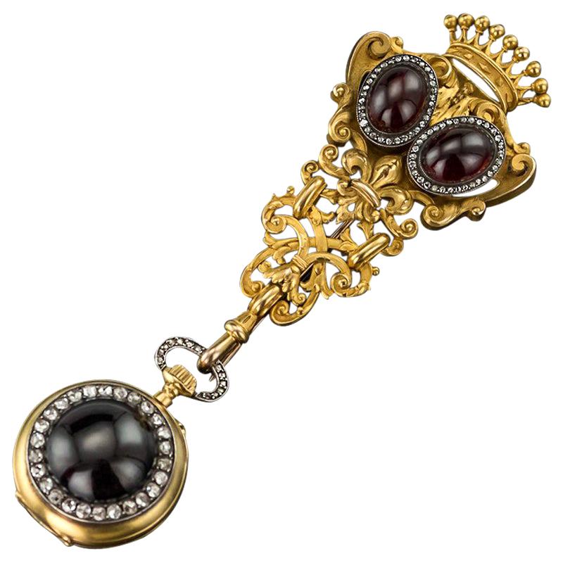 Antique Swiss 18-Karat Gold, Diamond and Garnet-Set Watch Chatelaine, circa 1870