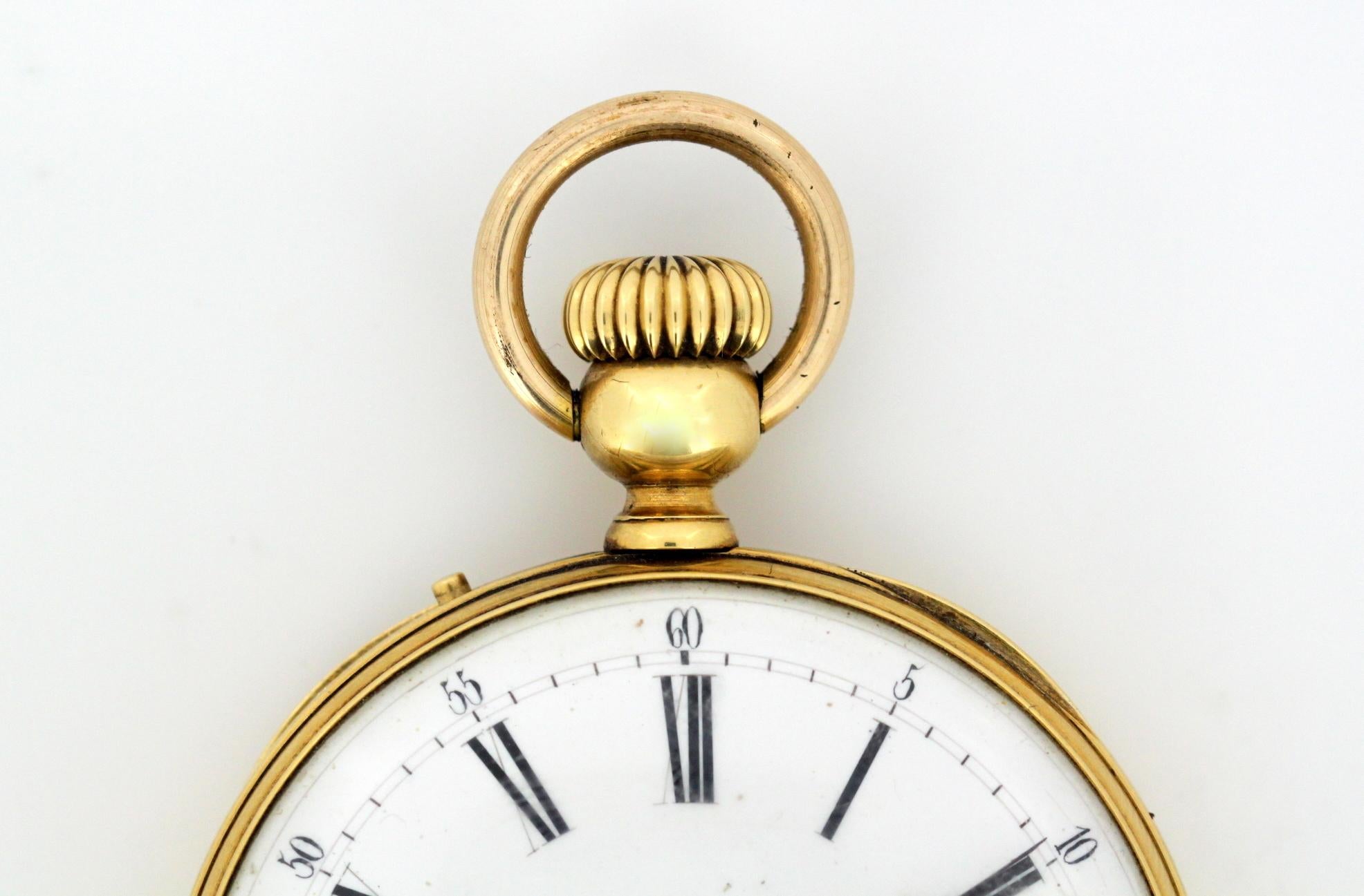 An antique Swiss 18k yellow gold pocket watch by Amore Spiral Breguet. 

Made in Switzerland Circa 1920's.

Dimensions - 
Pocket watch size : 6.8 x 4.8 x 1.2 cm
Weight : 82 grams

Condition : Plexiglass lens has some micro surface grazes, casing has