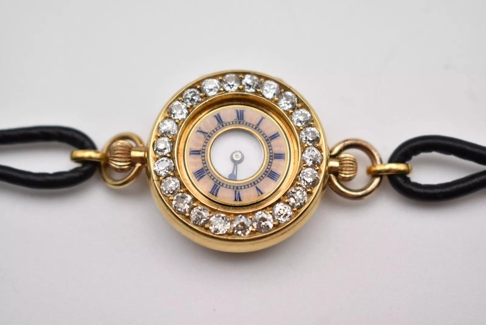 Women's or Men's Antique Swiss 18ct Gold Convertible Fob Wristwatch, 2.2 Carat Diamond Bezel For Sale