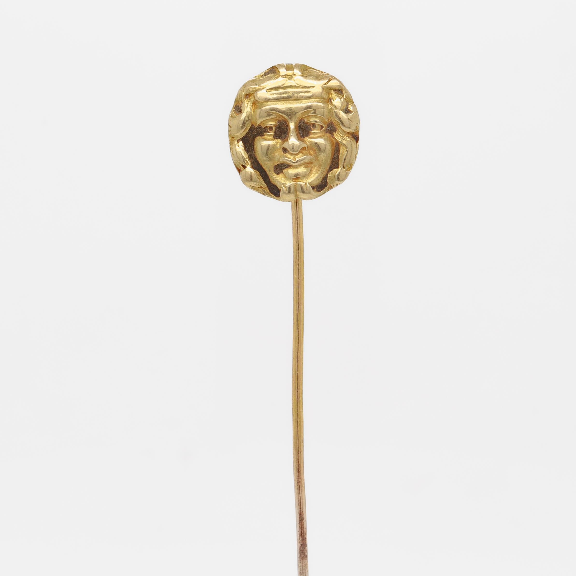 Antique Swiss 18K Gold Stickpin with Head of a Man In Good Condition For Sale In Philadelphia, PA