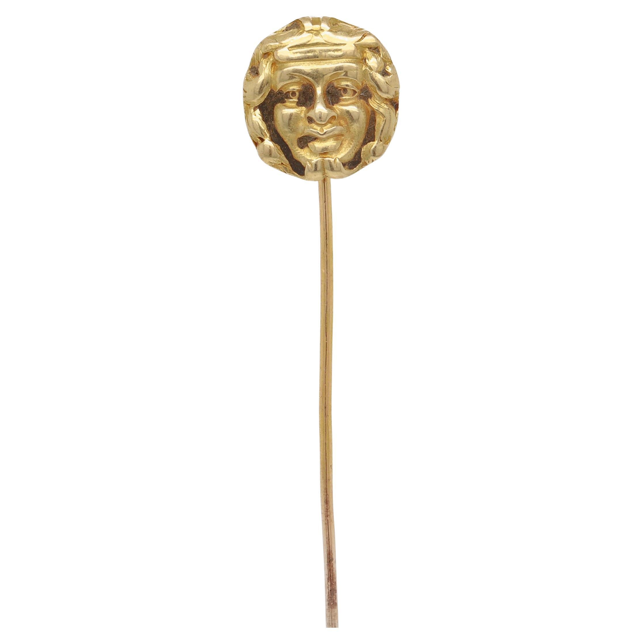 Antique Swiss 18K Gold Stickpin with Head of a Man For Sale