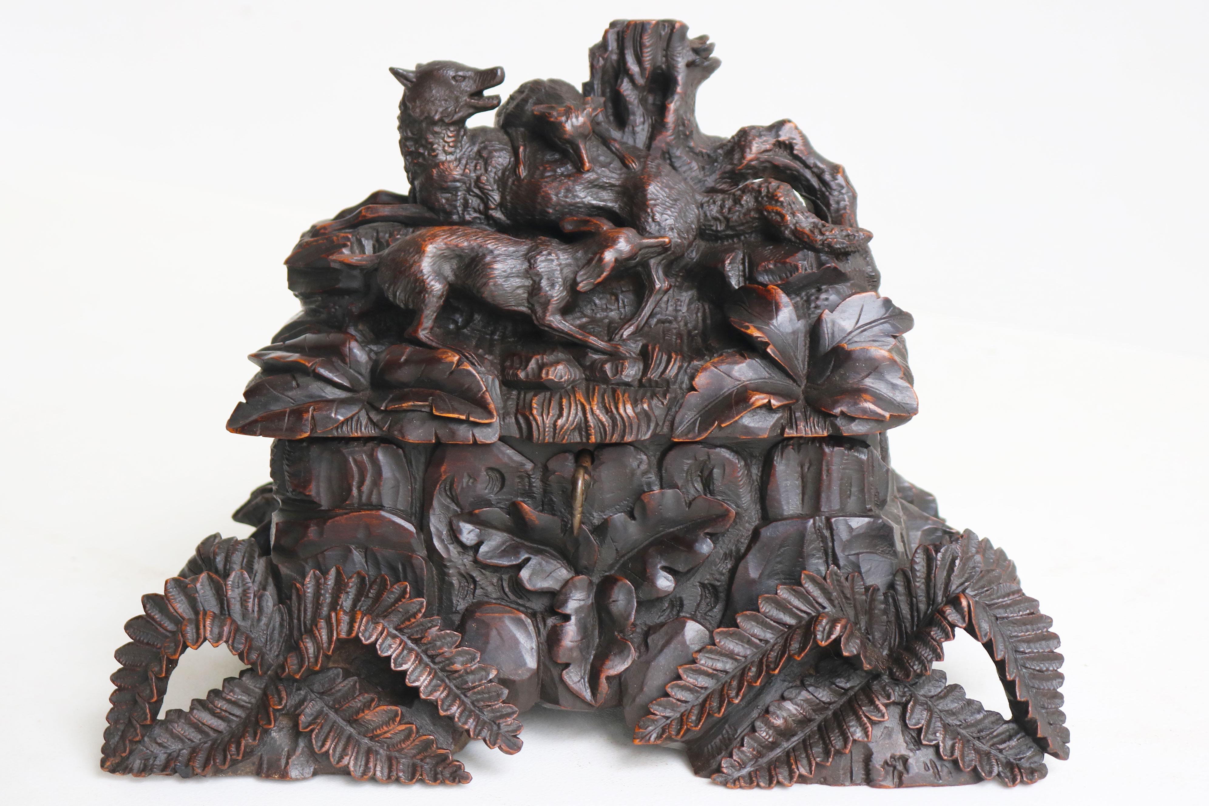 Swiss Antique swiss 19th century Black Forest jewelry box Hounds & Wolf hand carved For Sale