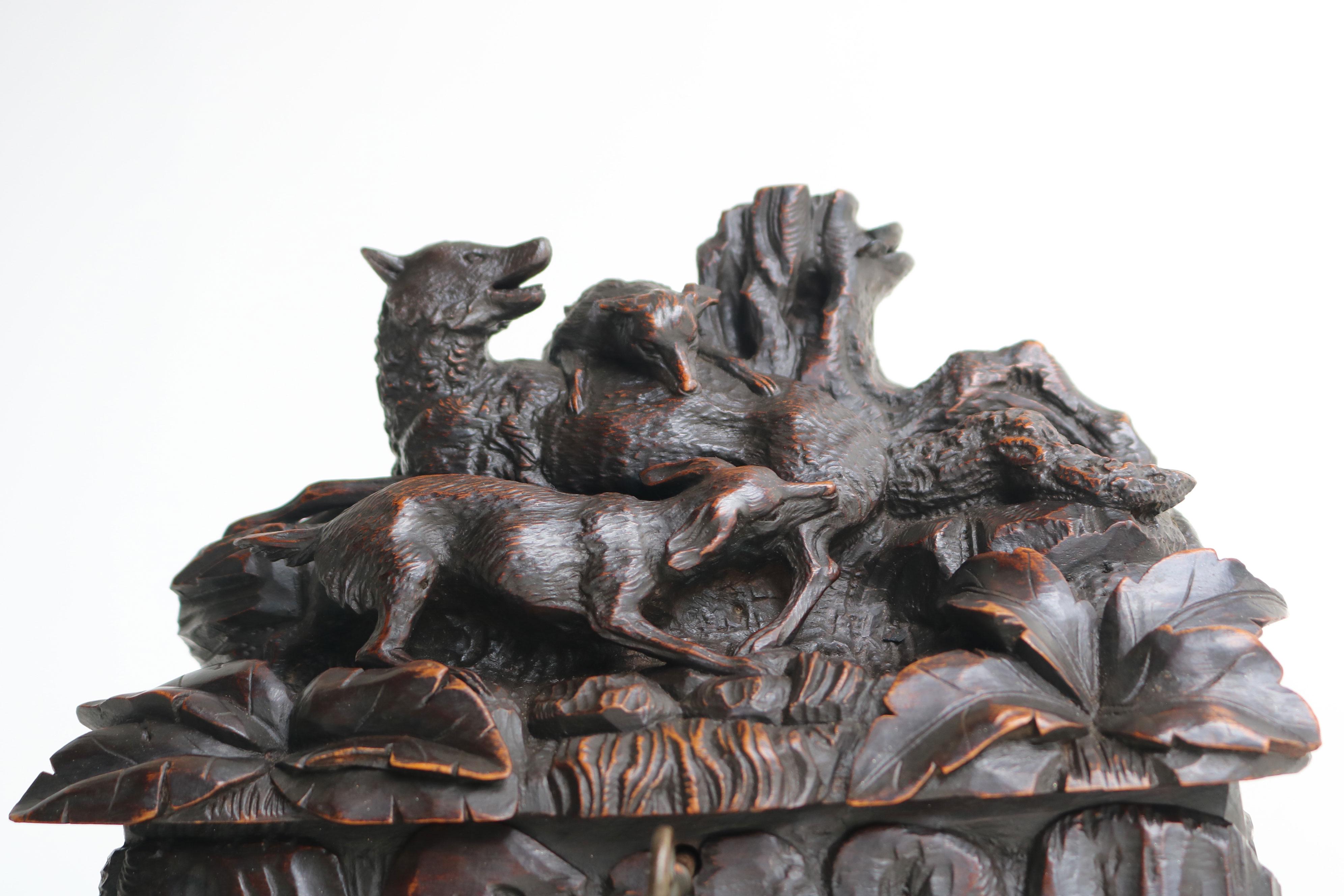 Carved Antique swiss 19th century Black Forest jewelry box Hounds & Wolf hand carved For Sale