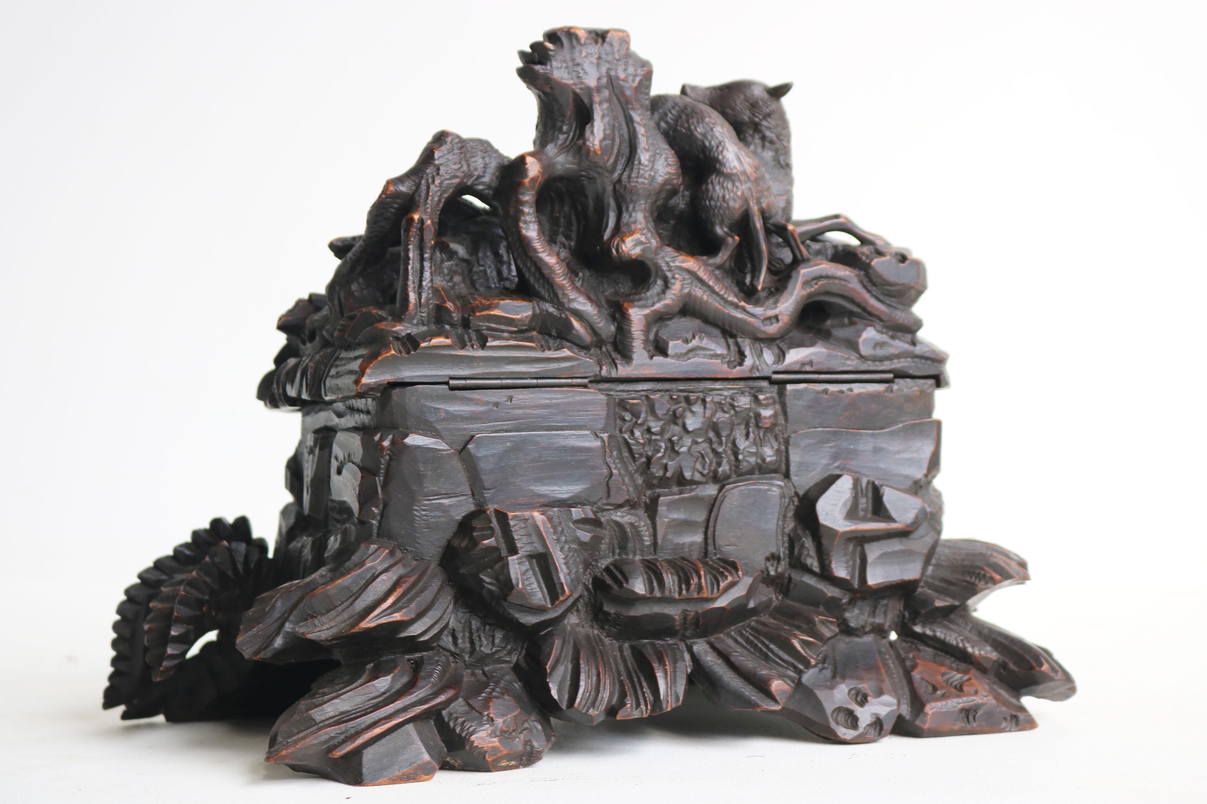 19th Century Antique swiss 19th century Black Forest jewelry box Hounds & Wolf hand carved For Sale