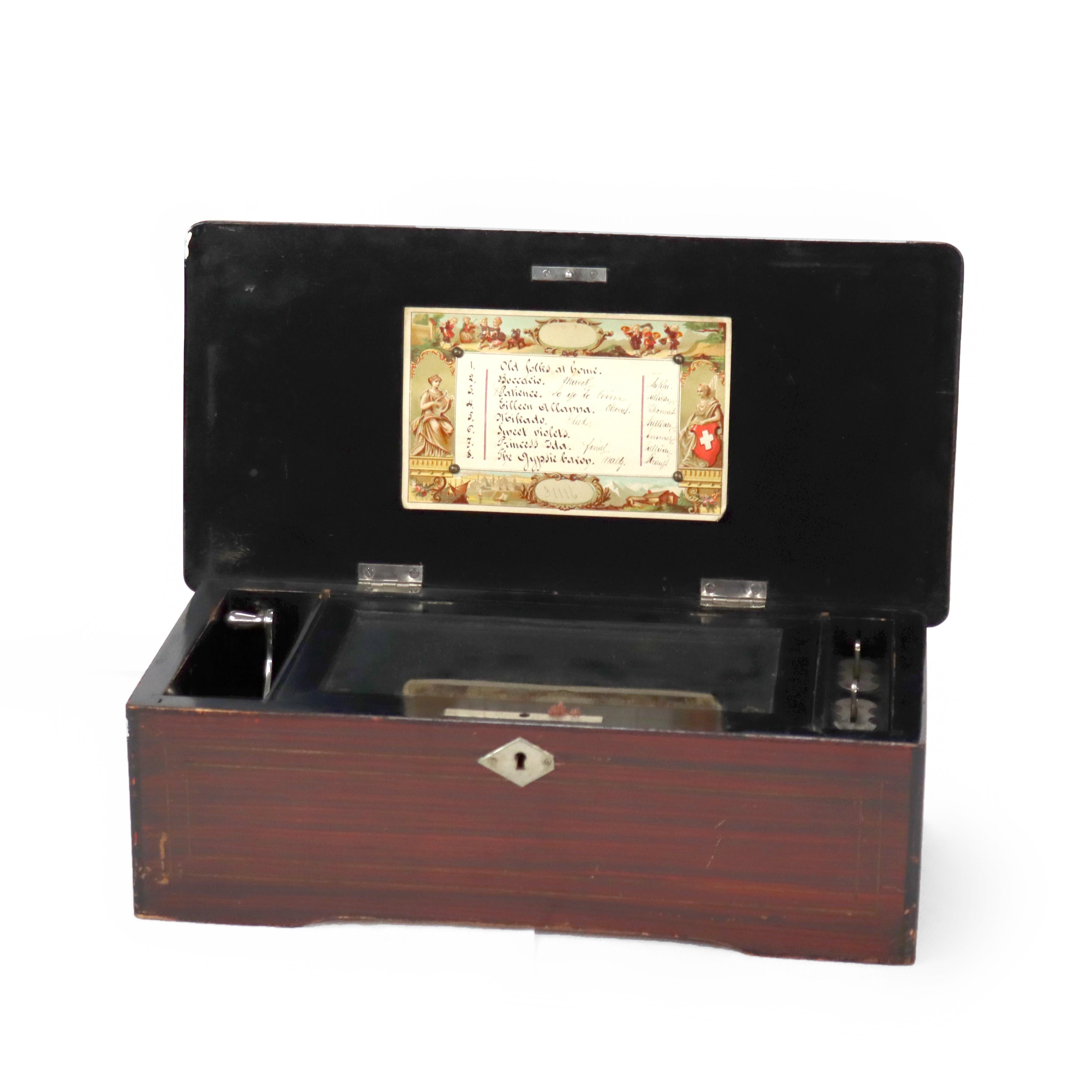 Antique boîte à musique suisse à 8 tiges cylindriques C1890 Bon état - En vente à Big Flats, NY
