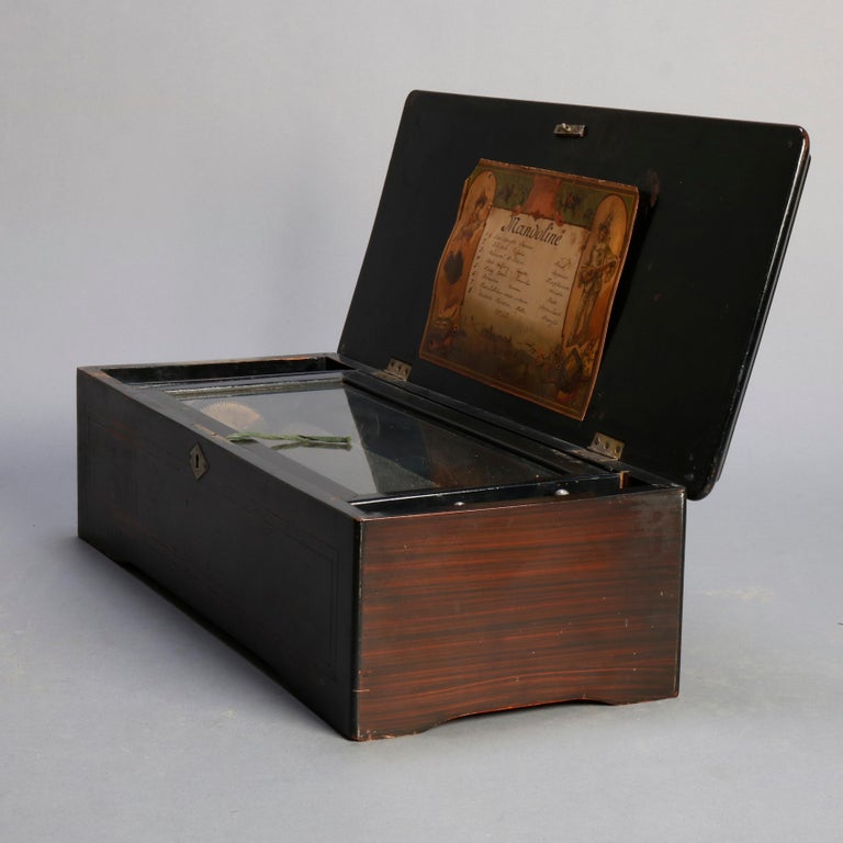 Antique Swiss 8Tune Cylinder Music Box, Floral Marquetry and Mahogany