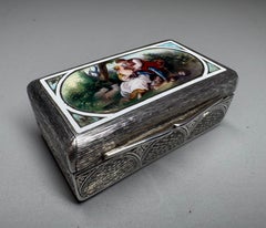 Antique Swiss .935 Silver and Hand-Painted Enamel Romantic Scene Pillbox, circa