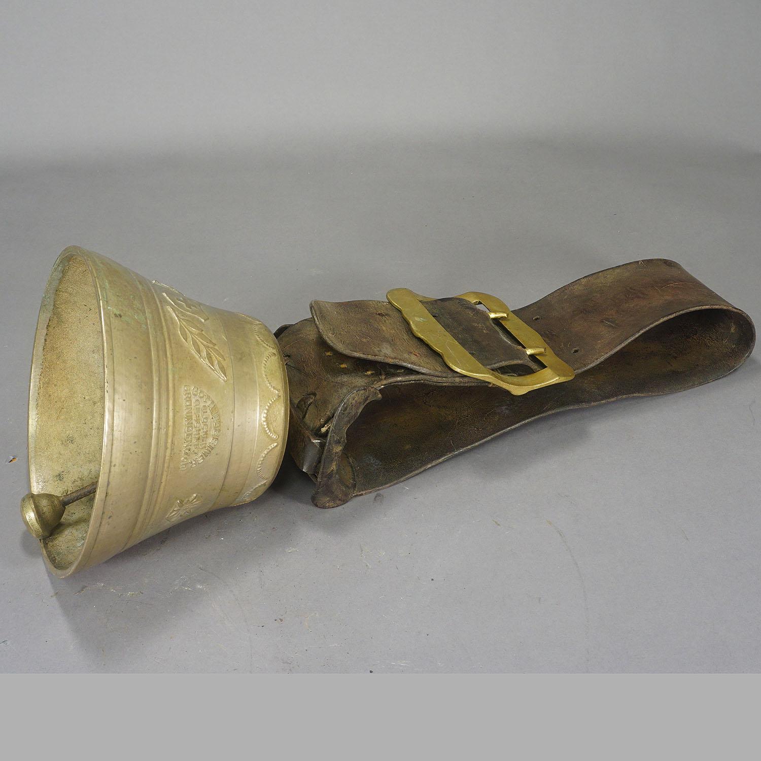 Black Forest Antique Swiss Alpine Cow Bell with Leather Strap, Ca. 1900
