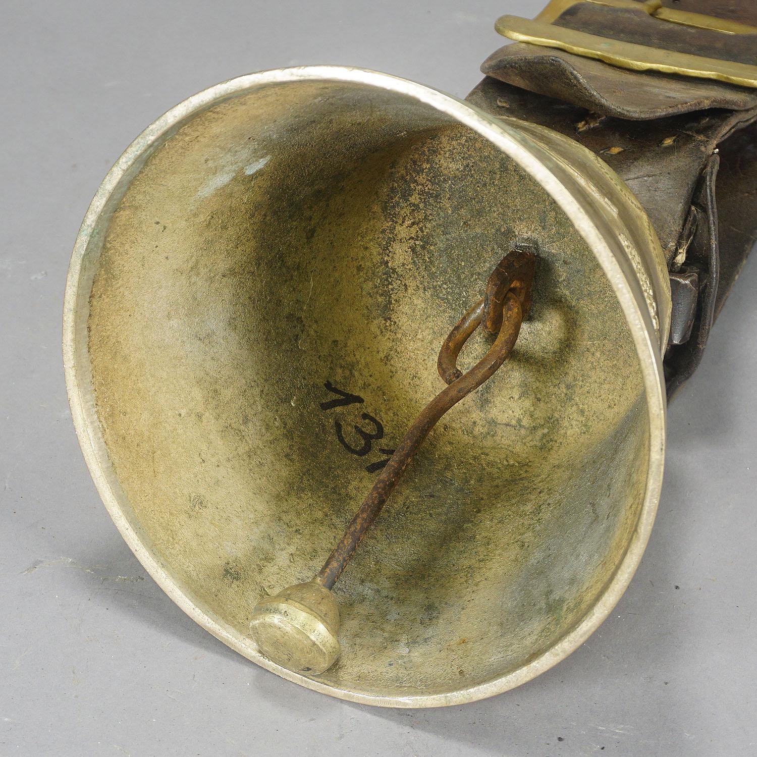 Cast Antique Swiss Alpine Cow Bell with Leather Strap, Ca. 1900