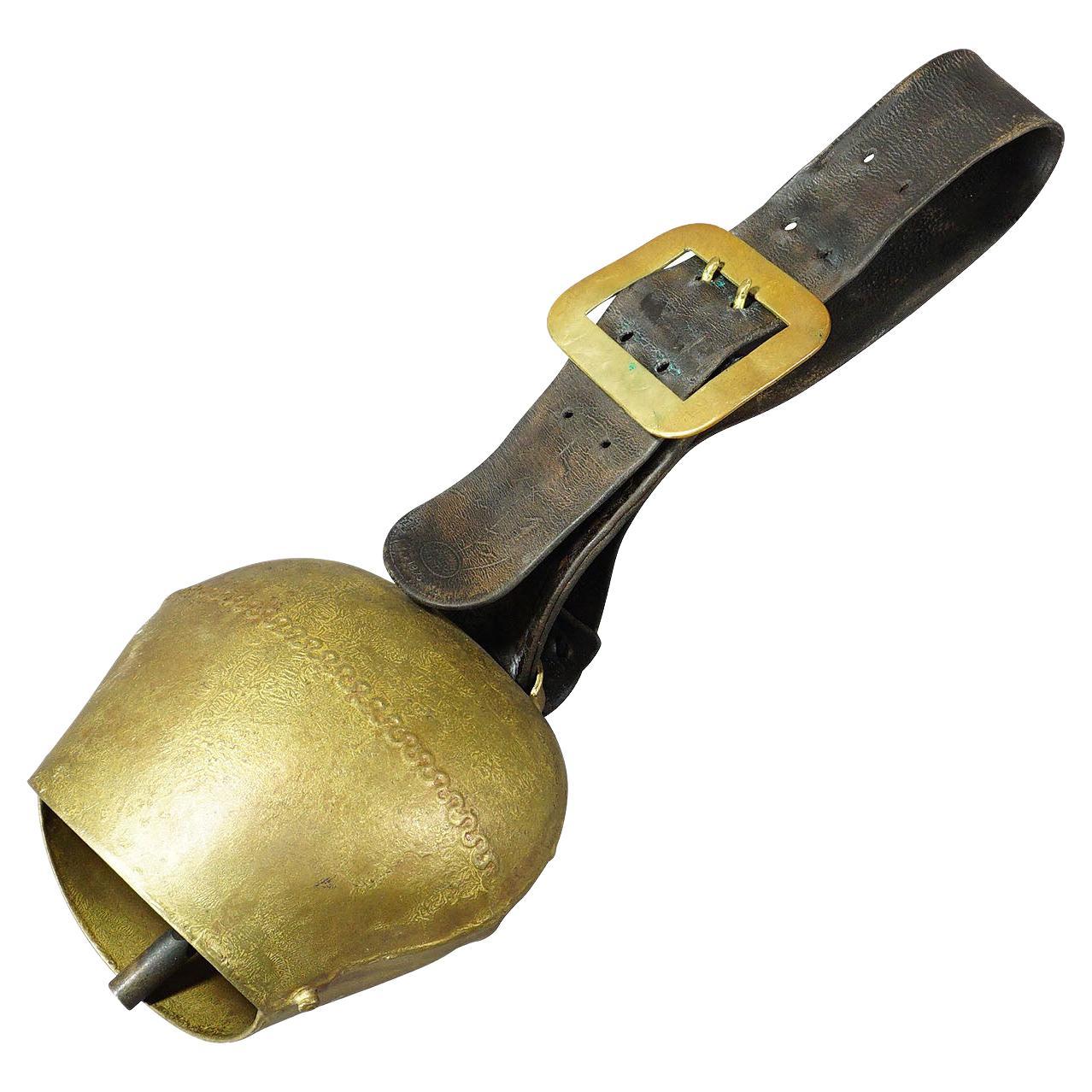 Antique Swiss Alpine Handforged Cow Bell with Leather Strap, ca. 1900