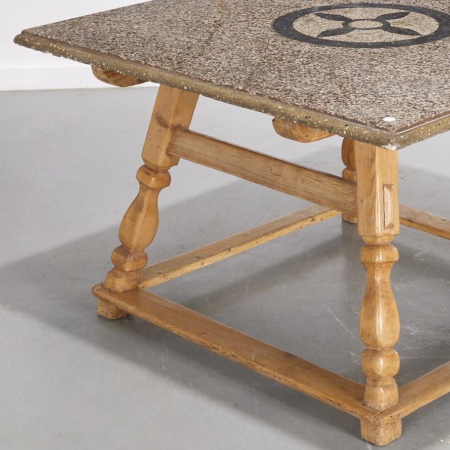 Late 19th/Early 20th c., Swiss, square shaped Montafon table (‘Montafoner Tisch’) with a 2-inch thick poured stone top with center medallion decoration, raised on splayed, turned legs joined by flat stretchers.

About Montafon Tables:
They are real