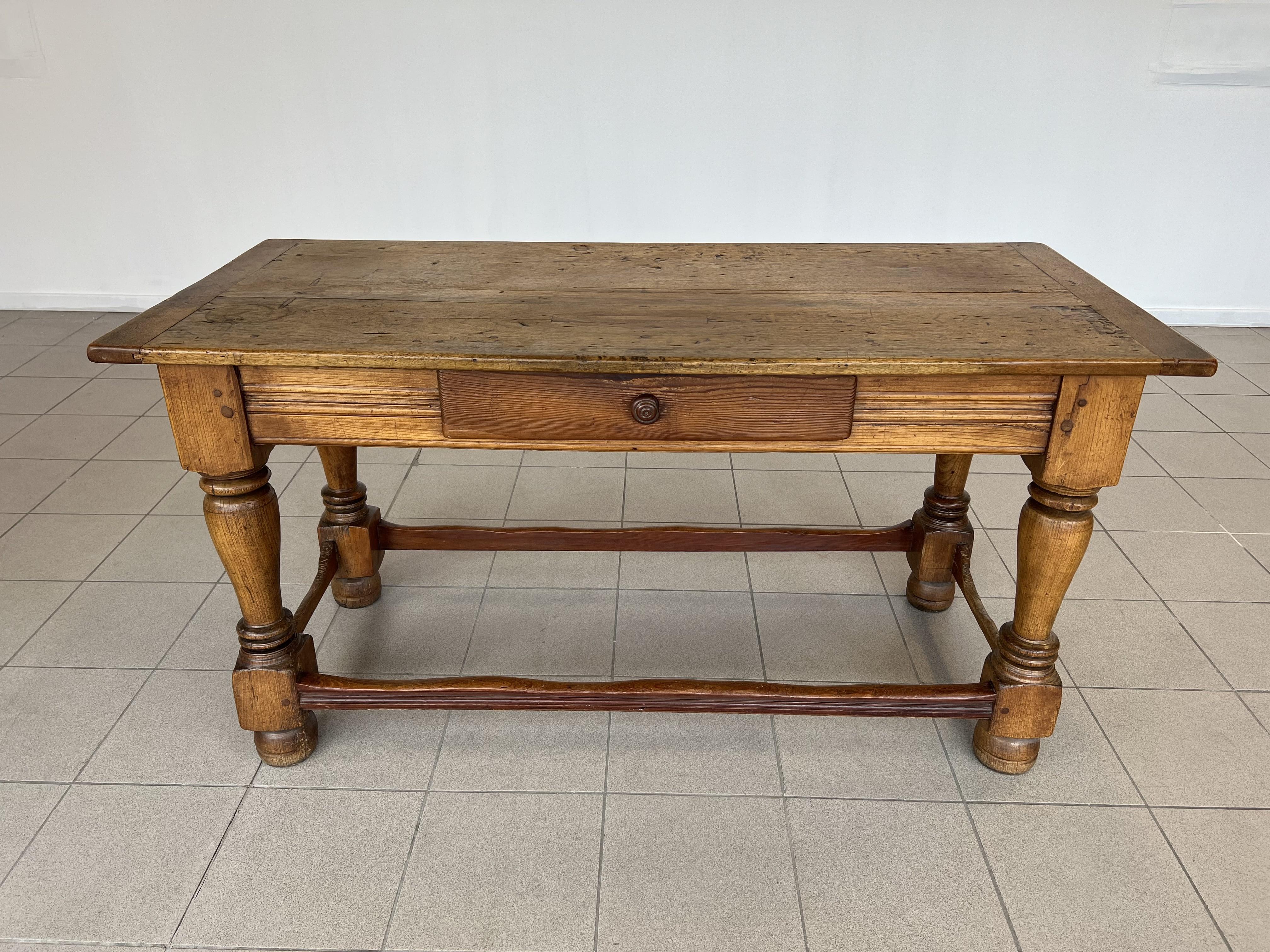 Antique Swiss Alps Farmhouse Small Dining Table or Writing Desk With Drawer In Fair Condition In Bridgeport, CT