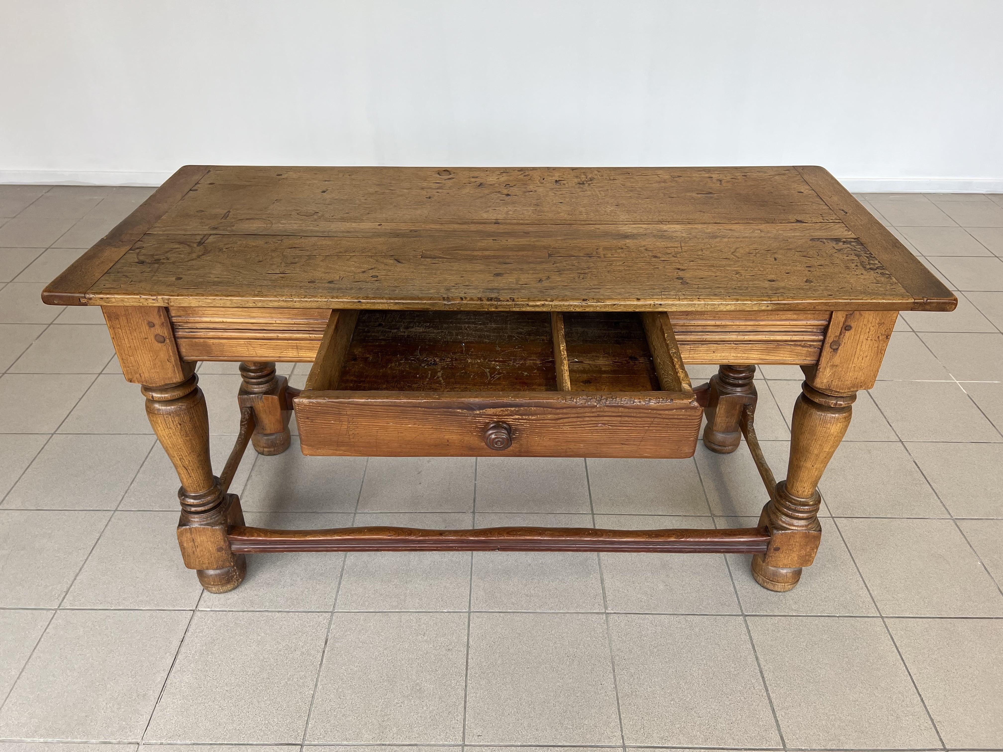 Oak Antique Swiss Alps Farmhouse Small Dining Table or Writing Desk With Drawer