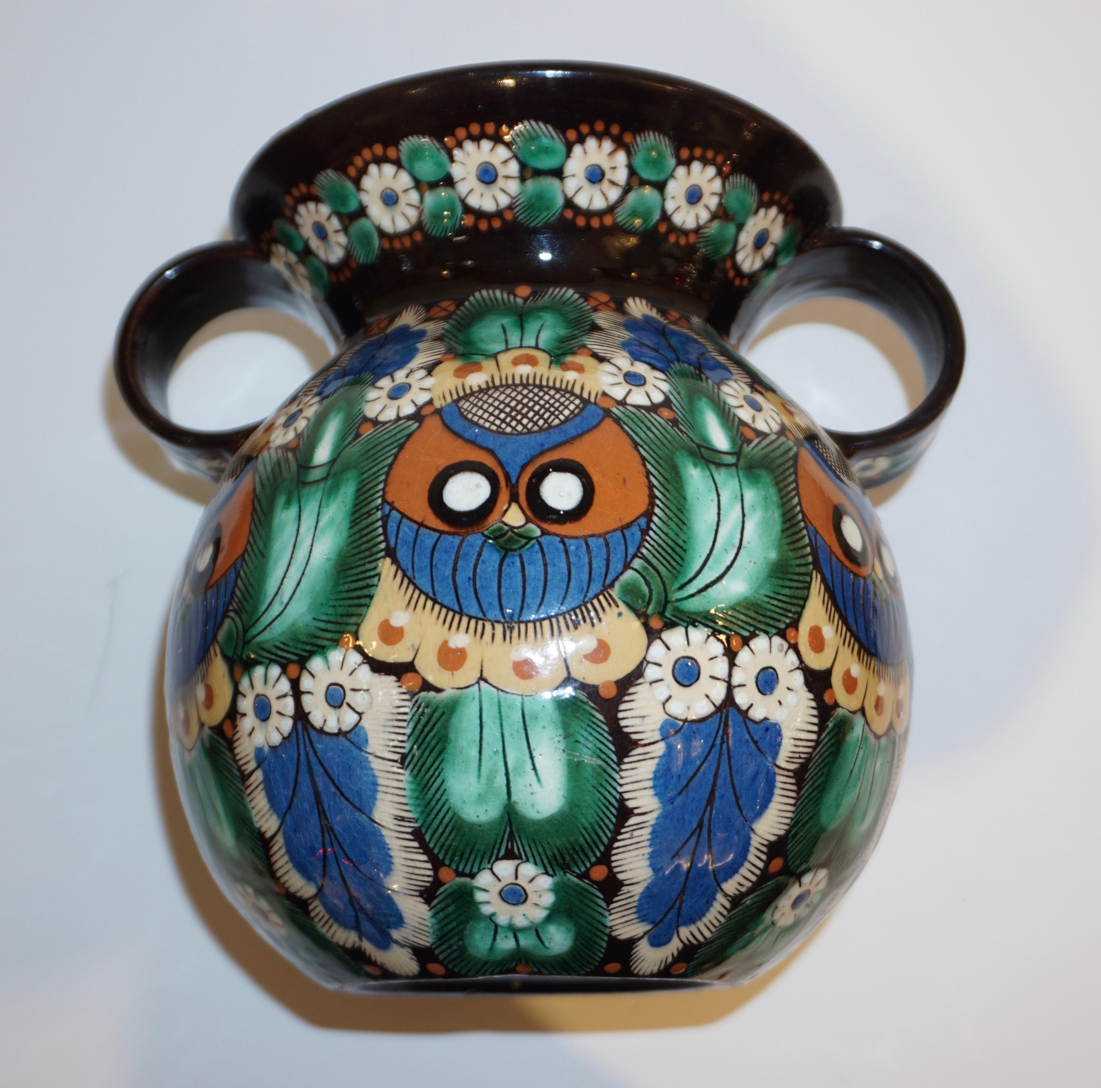 Antique Swiss Arts & Crafts Brown Green Blue Thoune Majolica Two Handled Vase 1