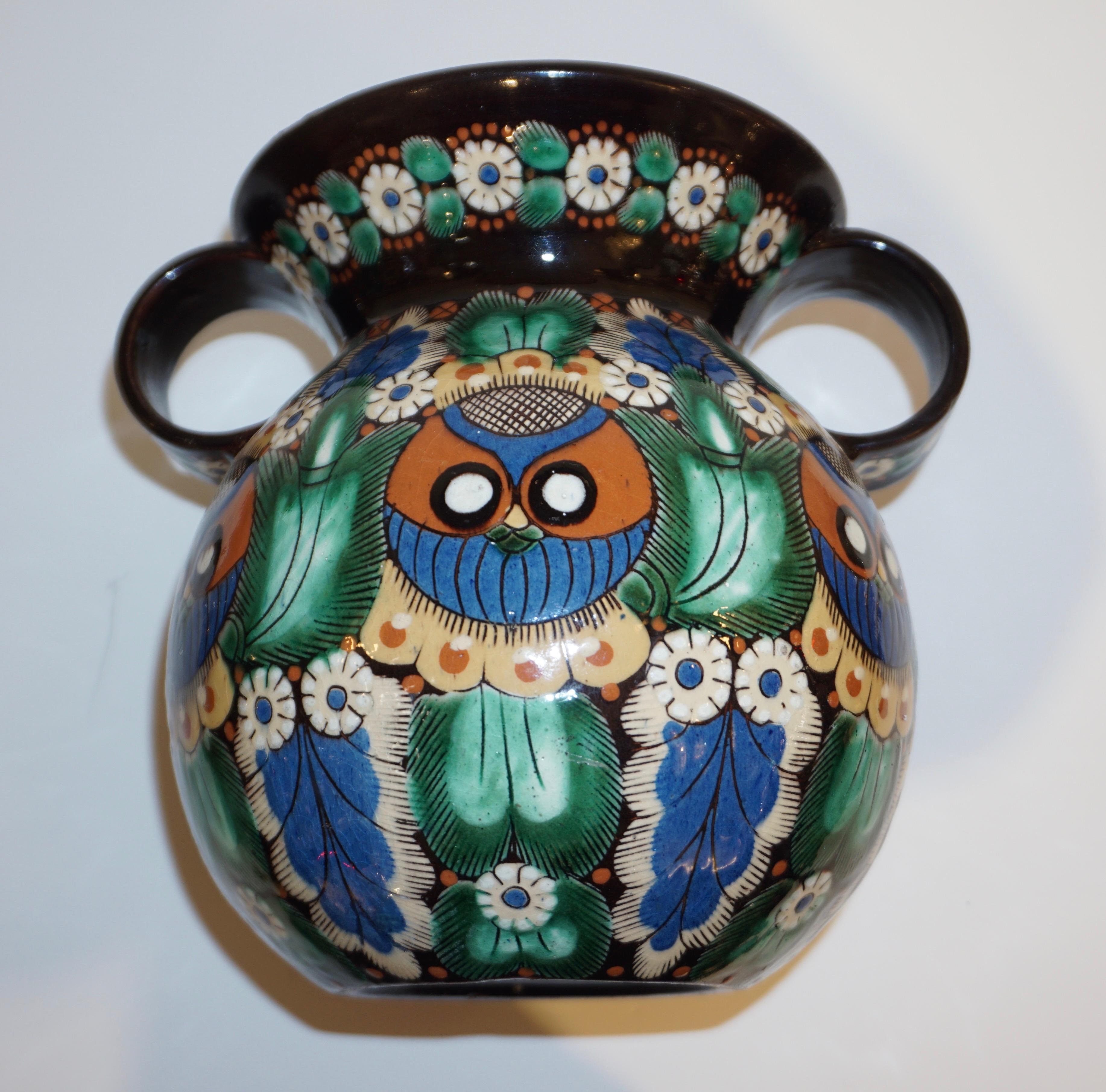 Antique Swiss Arts & Crafts Brown Green Blue Thoune Majolica Two Handled Vase For Sale 1