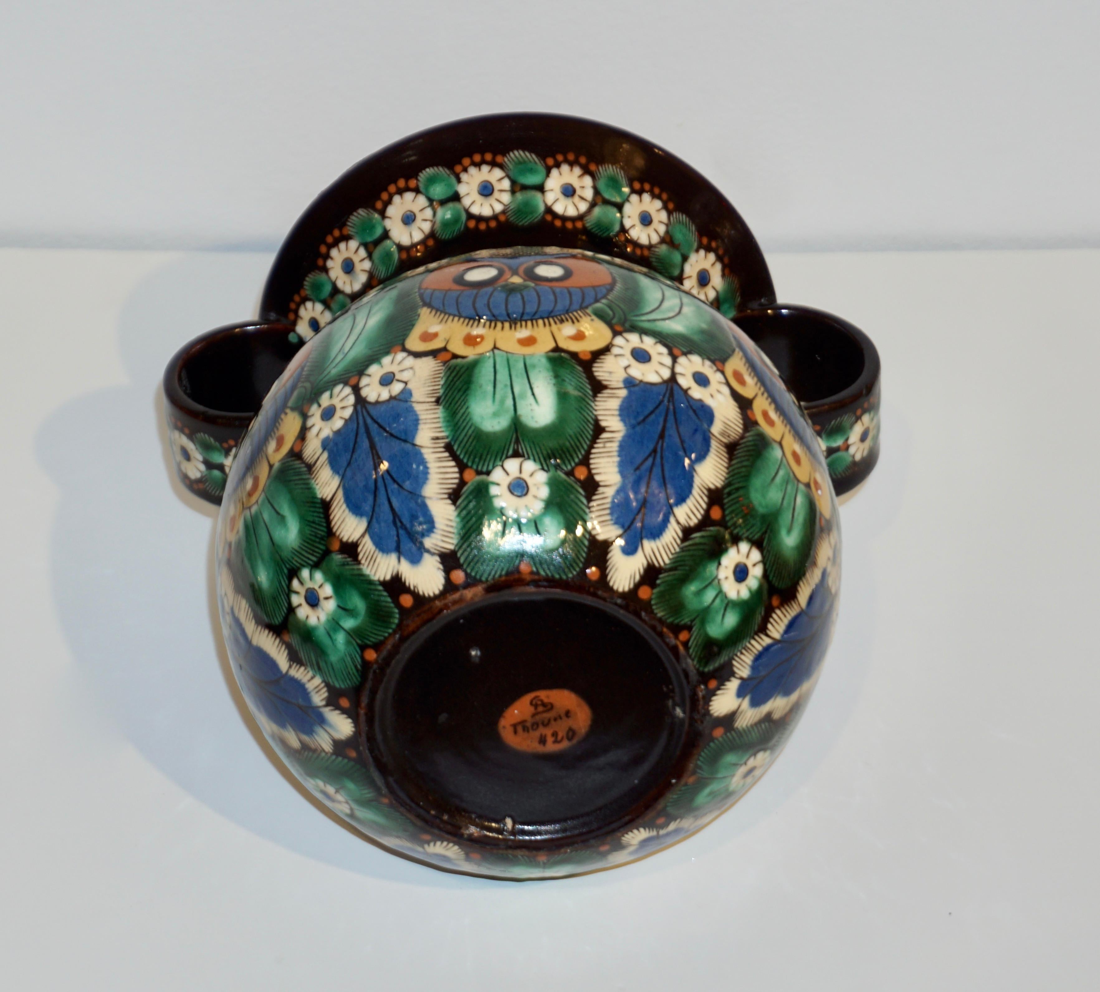 Antique Swiss Arts & Crafts Brown Green Blue Thoune Majolica Two Handled Vase For Sale 2