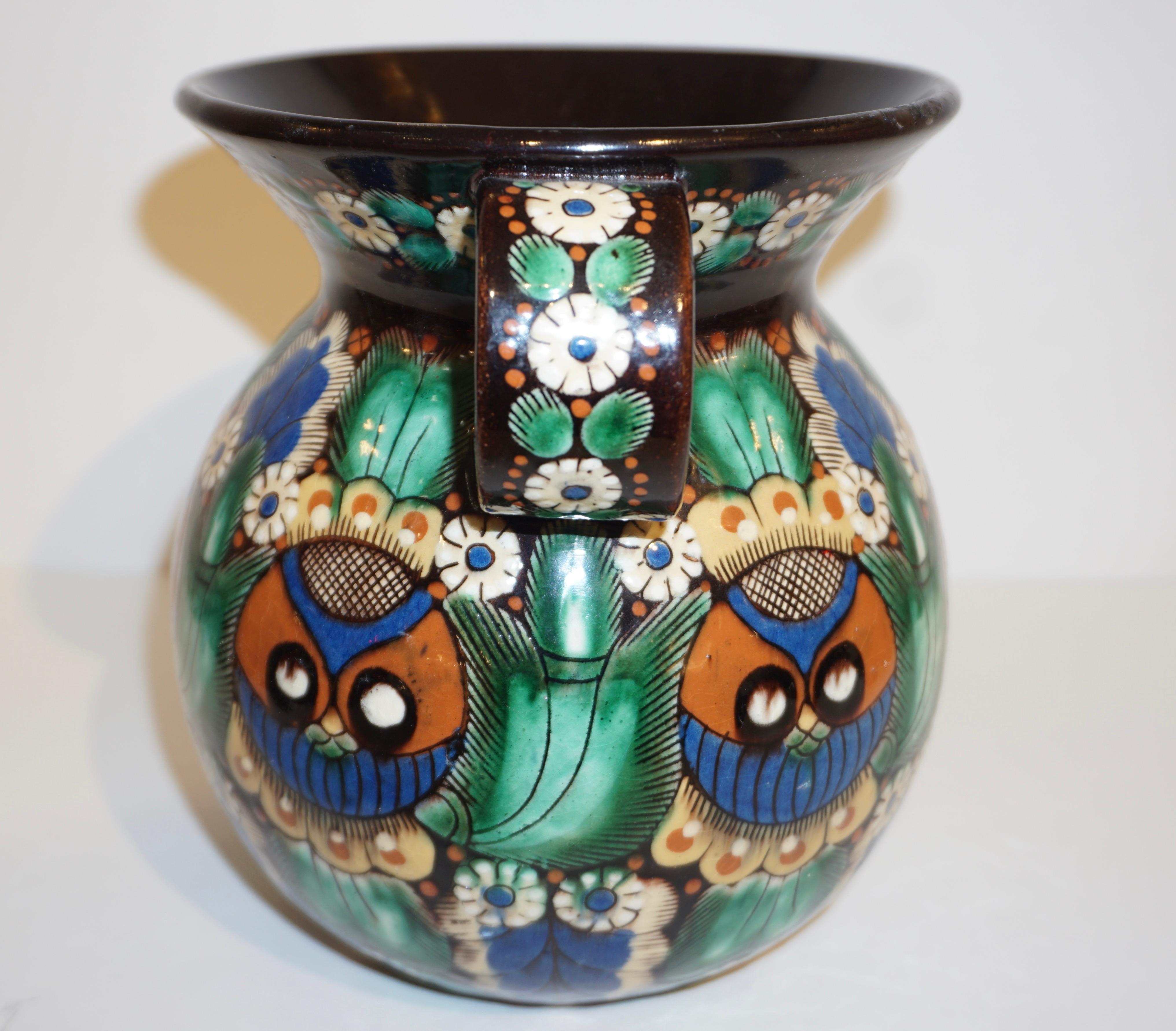 Arts and Crafts Antique Swiss Arts & Crafts Brown Green Blue Thoune Majolica Two Handled Vase For Sale