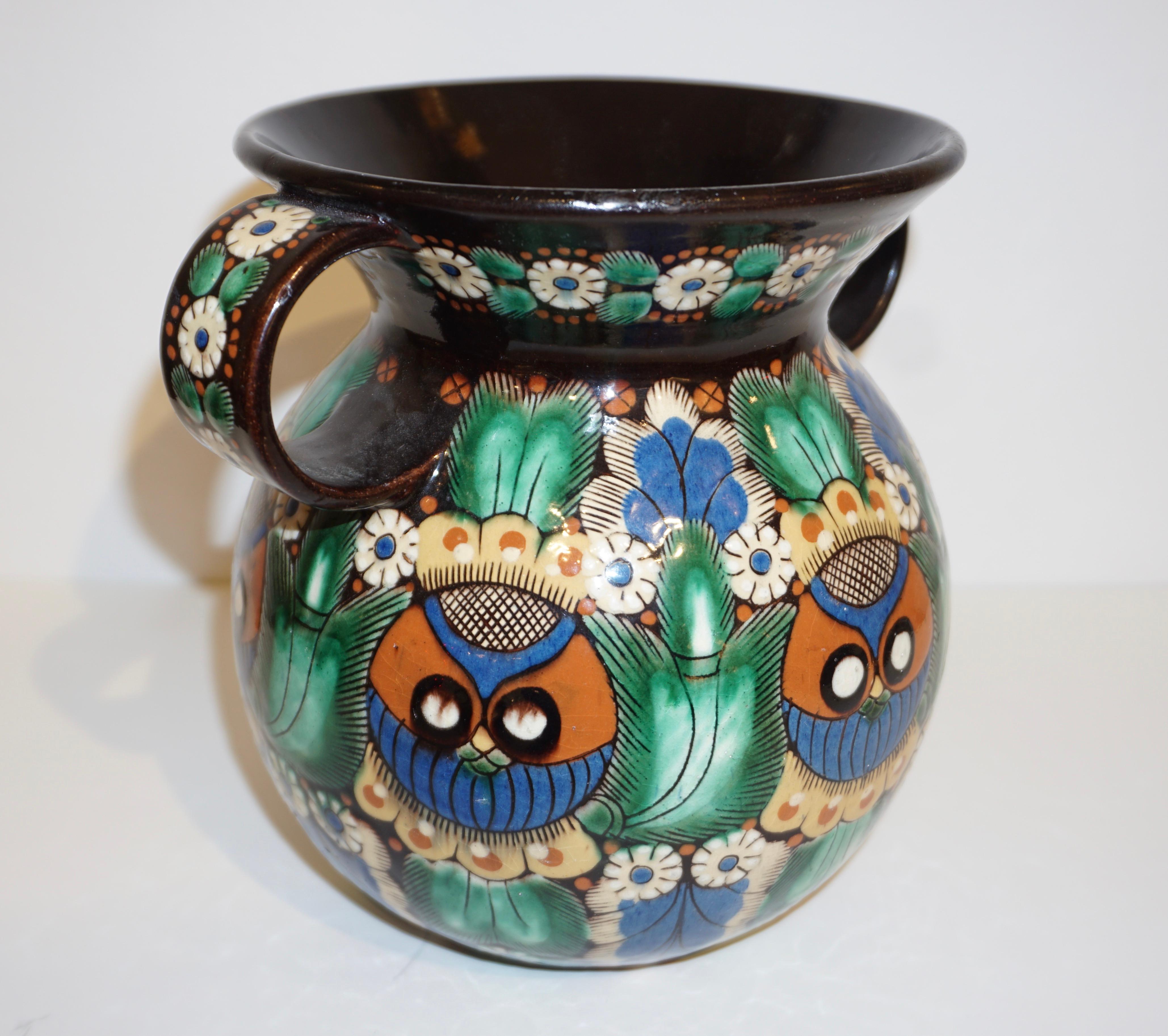 Hand-Painted Antique Swiss Arts & Crafts Brown Green Blue Thoune Majolica Two Handled Vase For Sale