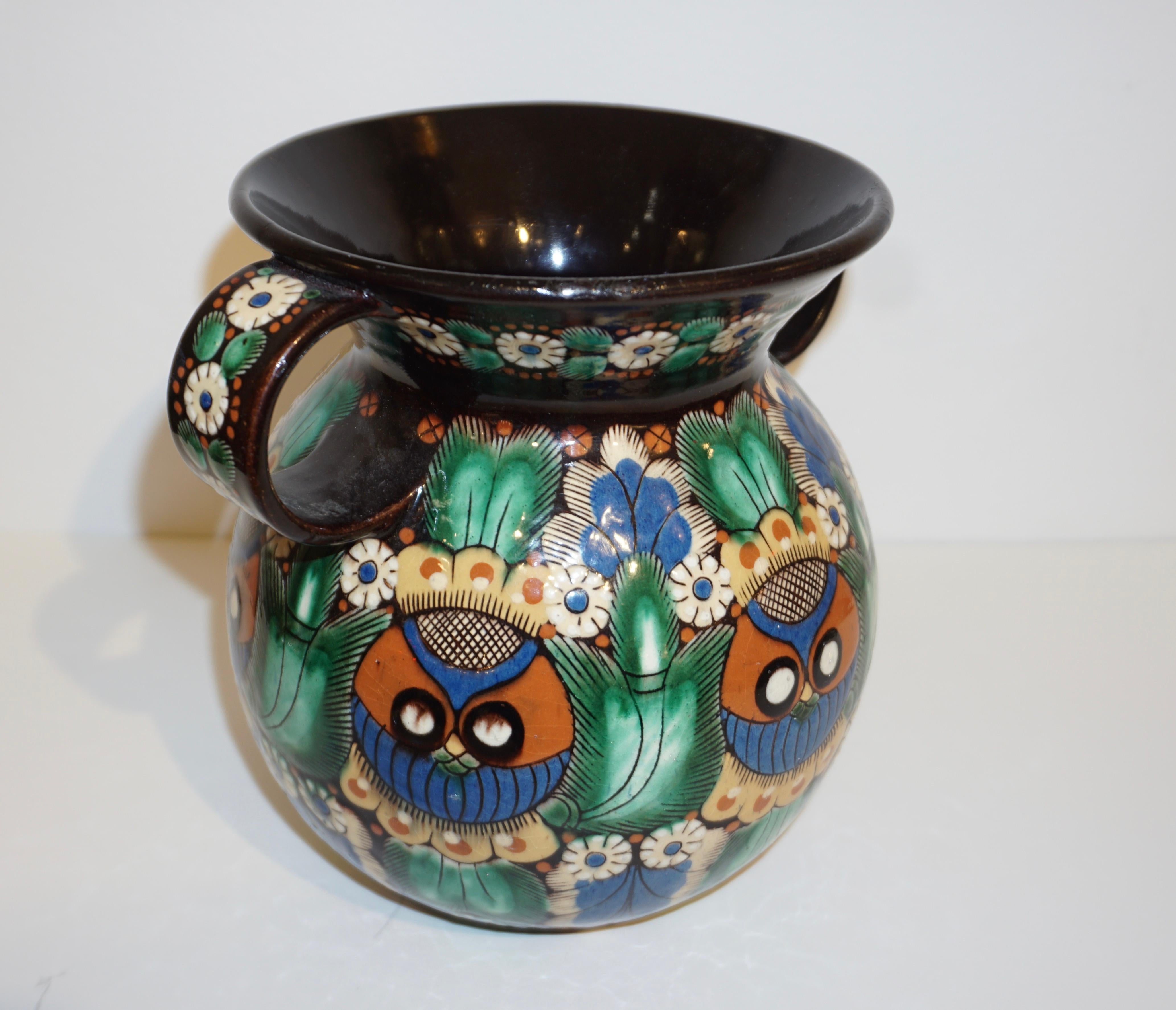 Antique Swiss Arts & Crafts Brown Green Blue Thoune Majolica Two Handled Vase In Excellent Condition For Sale In New York, NY