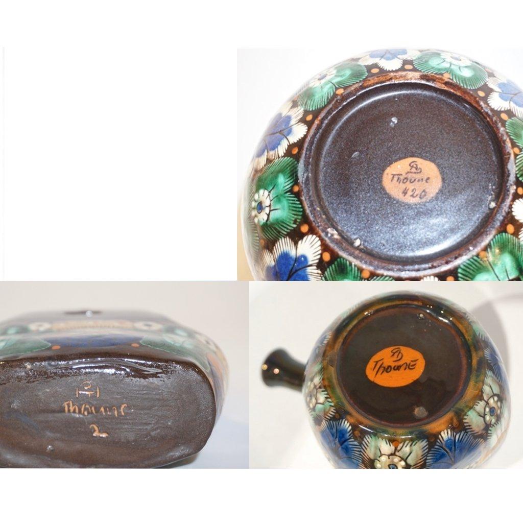 Antique Swiss Arts & Crafts Brown Green Blue White Thoune Enamel Ceramic Jug For Sale 2