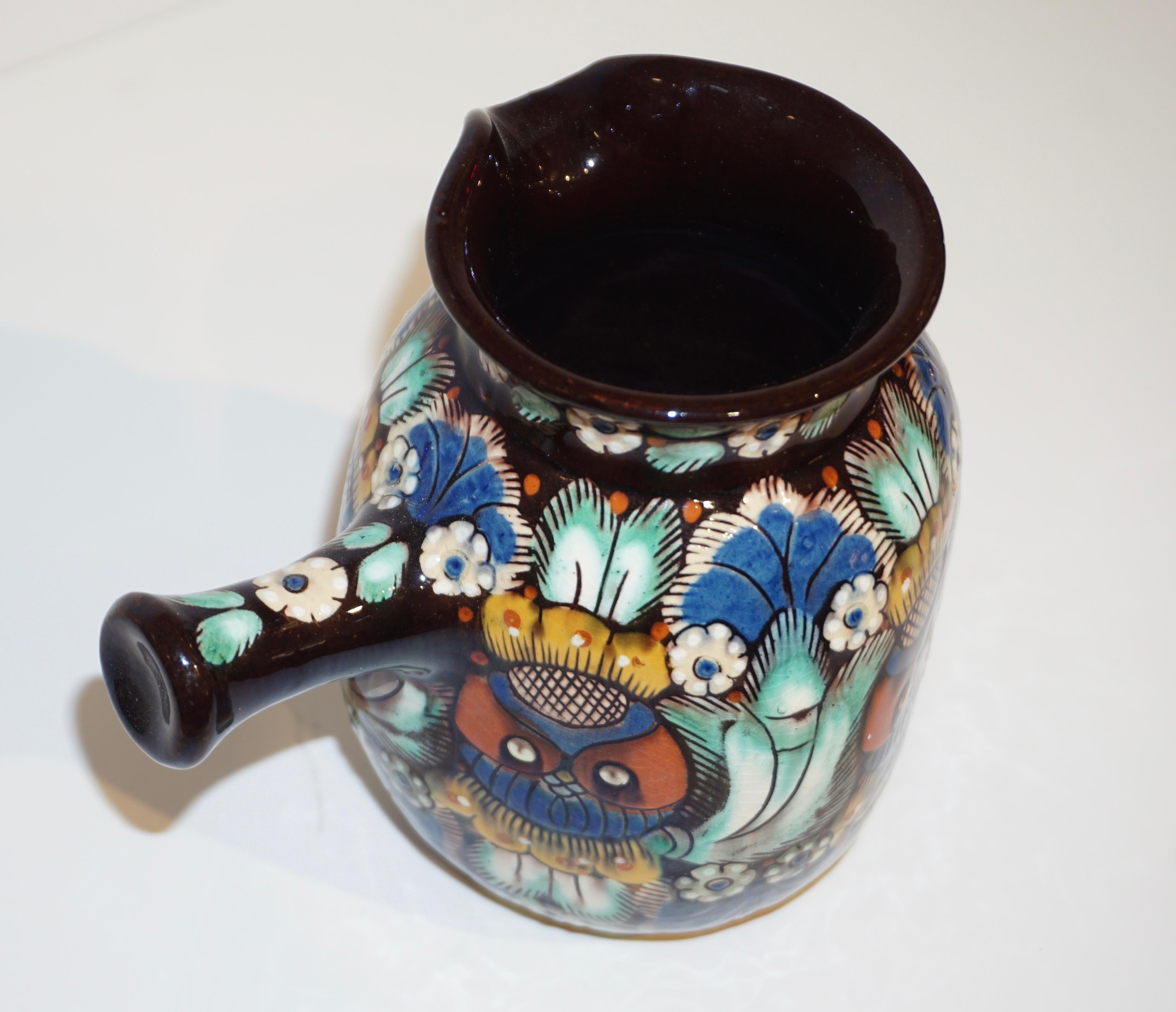 Antique Swiss Arts & Crafts Brown Green Blue White Thoune Enamel Ceramic Jug In Excellent Condition For Sale In New York, NY