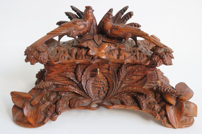Antique Swiss Black Forest 19th Century Jewelry Box Hand Carved Birds Floral For Sale 10