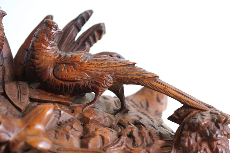 Antique Swiss Black Forest 19th Century Jewelry Box Hand Carved Birds Floral For Sale 1