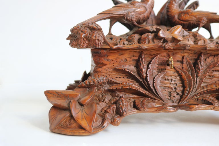 Antique Swiss Black Forest 19th Century Jewelry Box Hand Carved Birds Floral For Sale 3