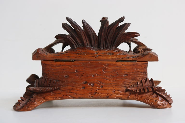 Antique Swiss Black Forest 19th Century Jewelry Box Hand Carved Birds Floral For Sale 5