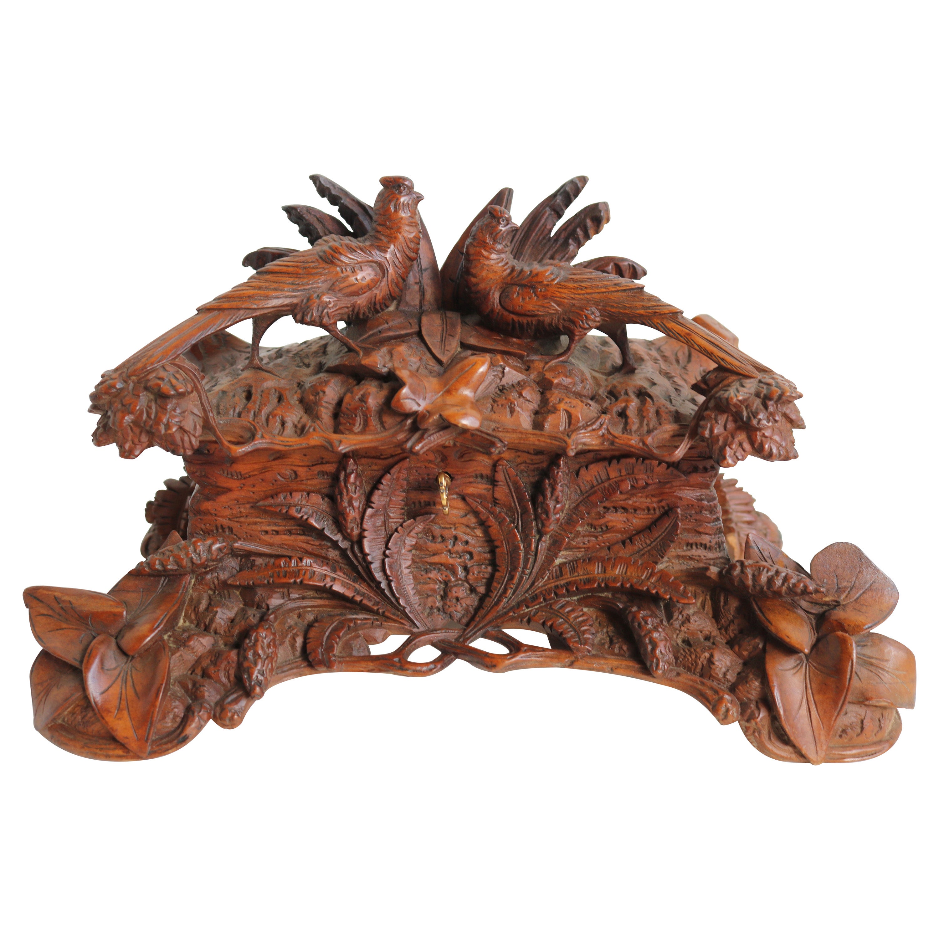 Antique Swiss Black Forest 19th Century Jewelry Box Hand Carved Birds Floral