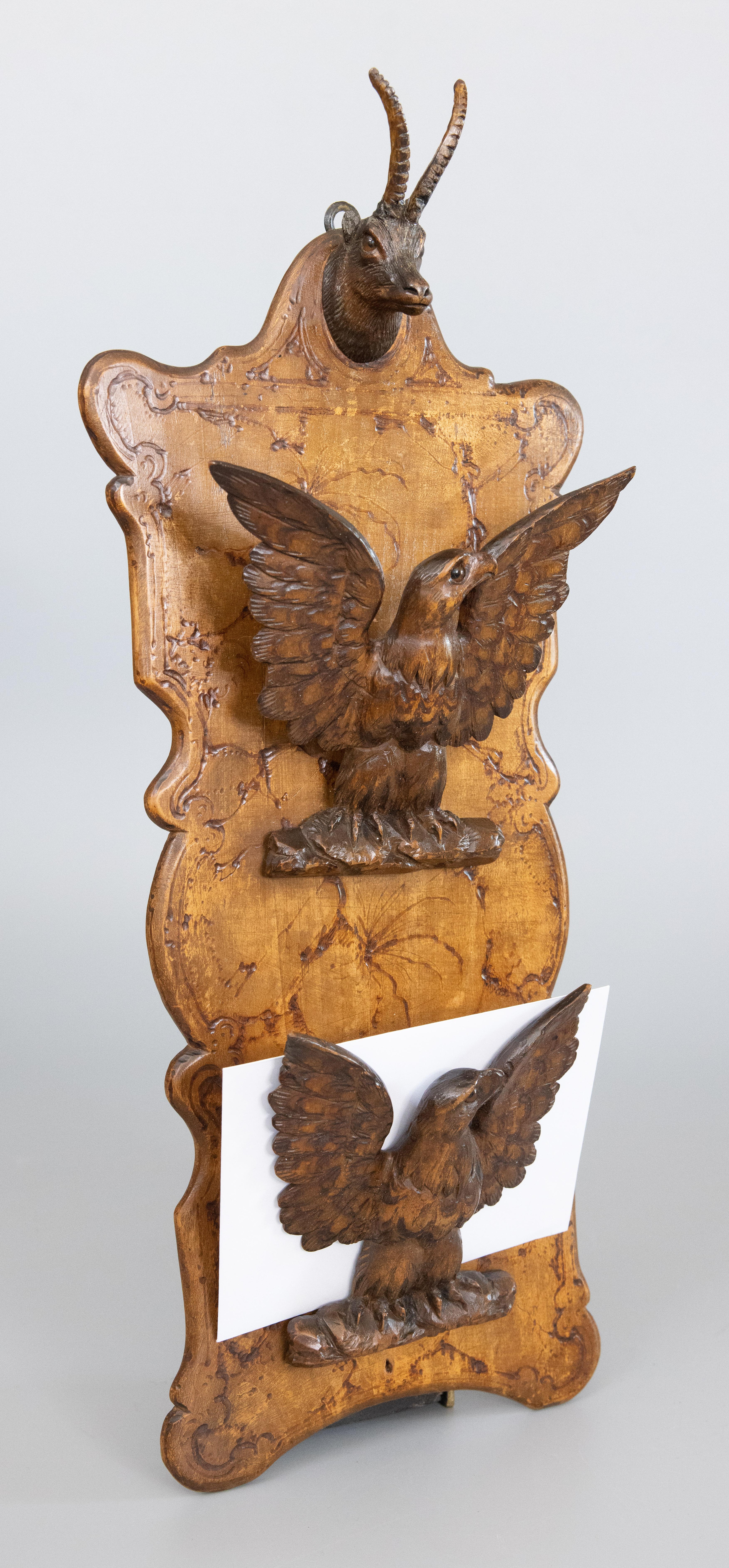 Antique Swiss Black Forest Carved Antelope & Eagles Wall Mounted Letter Holder In Good Condition For Sale In Pearland, TX