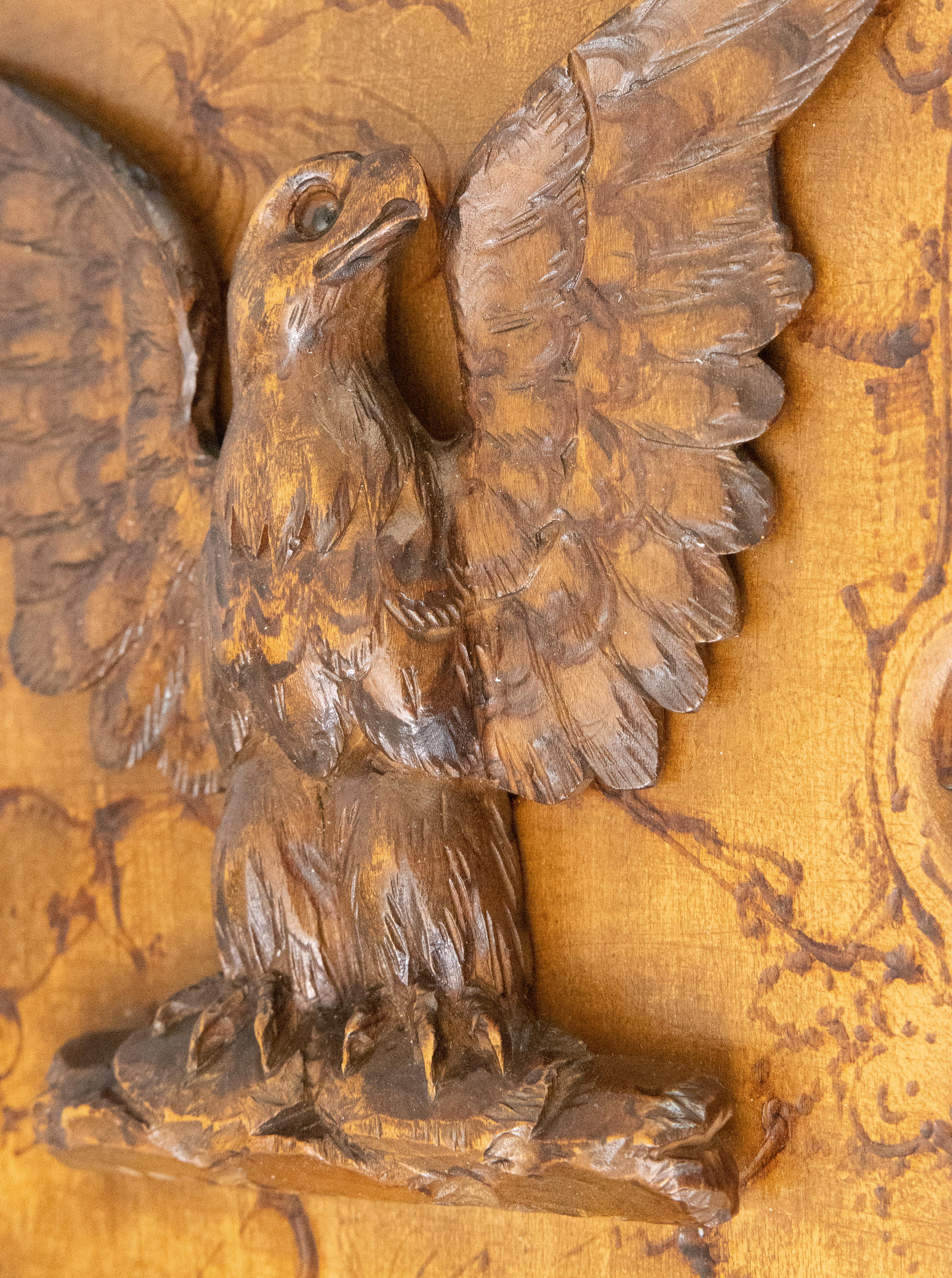 Wood Antique Swiss Black Forest Carved Antelope & Eagles Wall Mounted Letter Holder For Sale