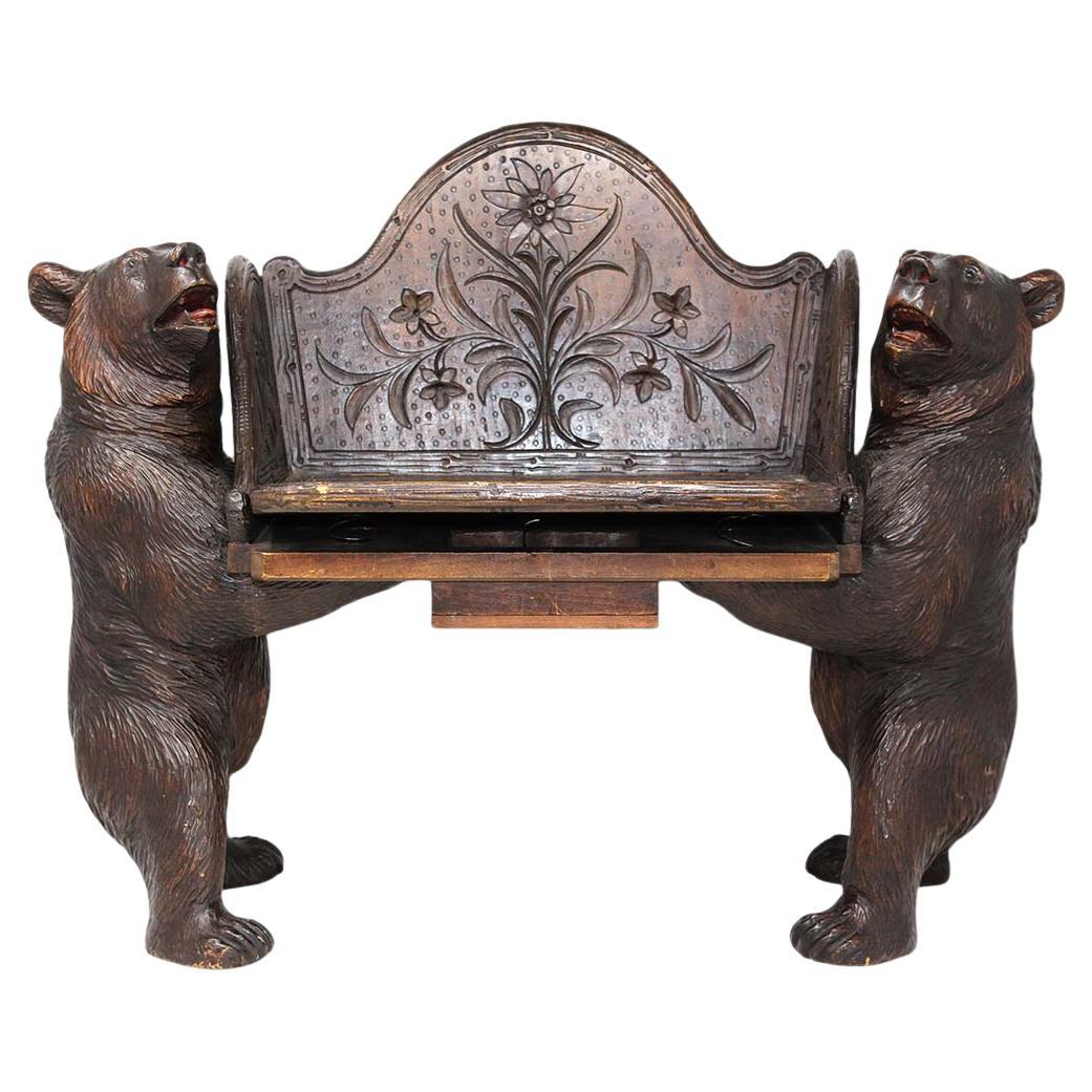 Antique Swiss Black Forest Carved Bear Musical Childs Chair