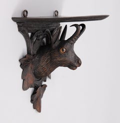 Antique Swiss Black Forest Carved Chamois Wall Bracket Shelf, circa 1900