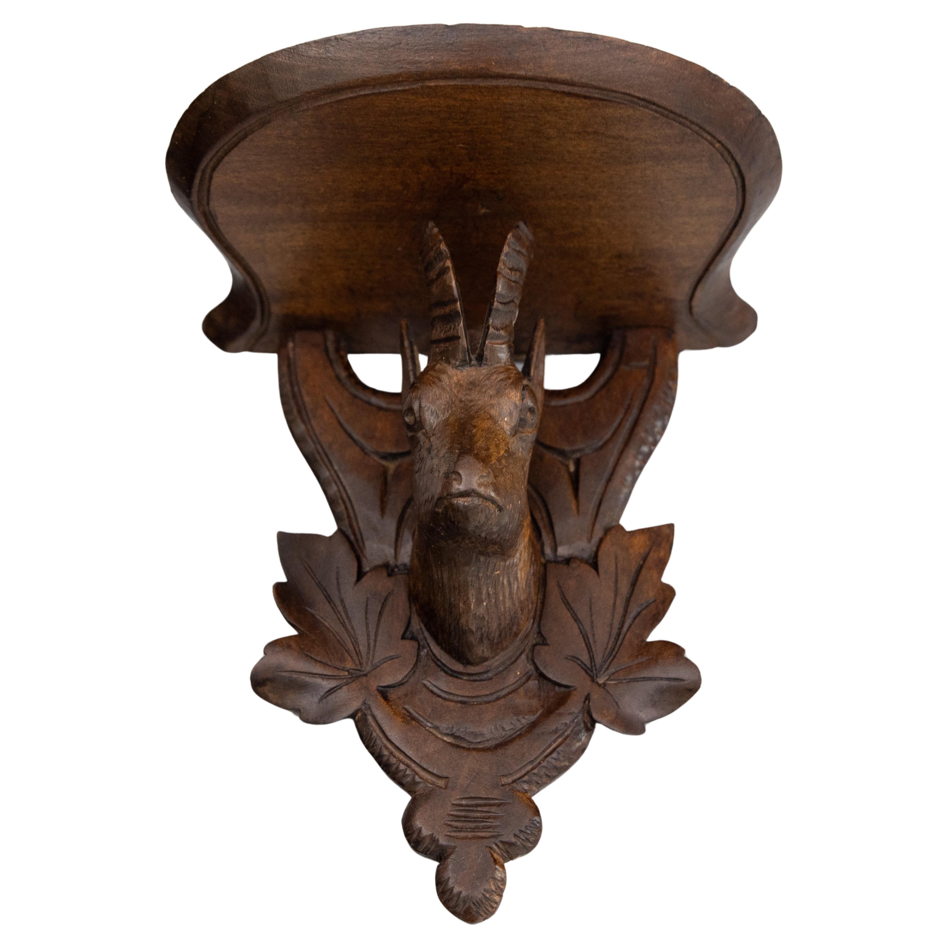 Antique Swiss Black Forest Carved Chamois Wall Bracket Shelf, circa 1920 For Sale