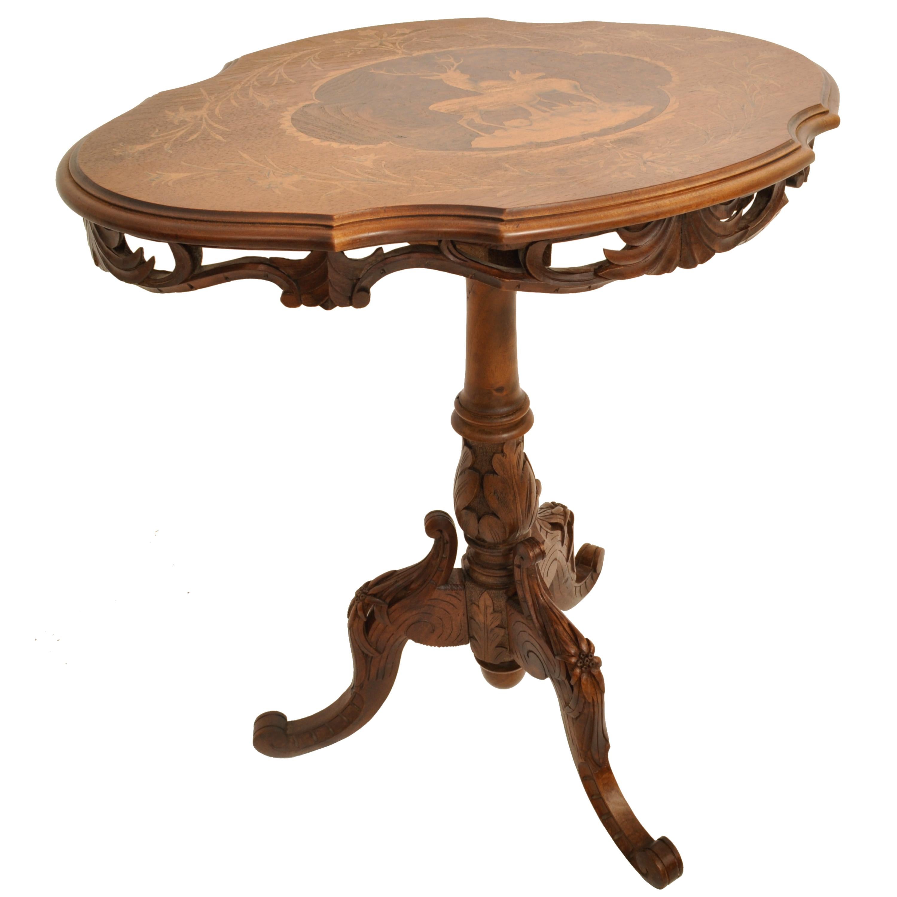Antique Swiss Black Forest Carved Inlaid Walnut Marquetry Tilt-Top Table, 1870 In Good Condition In Portland, OR