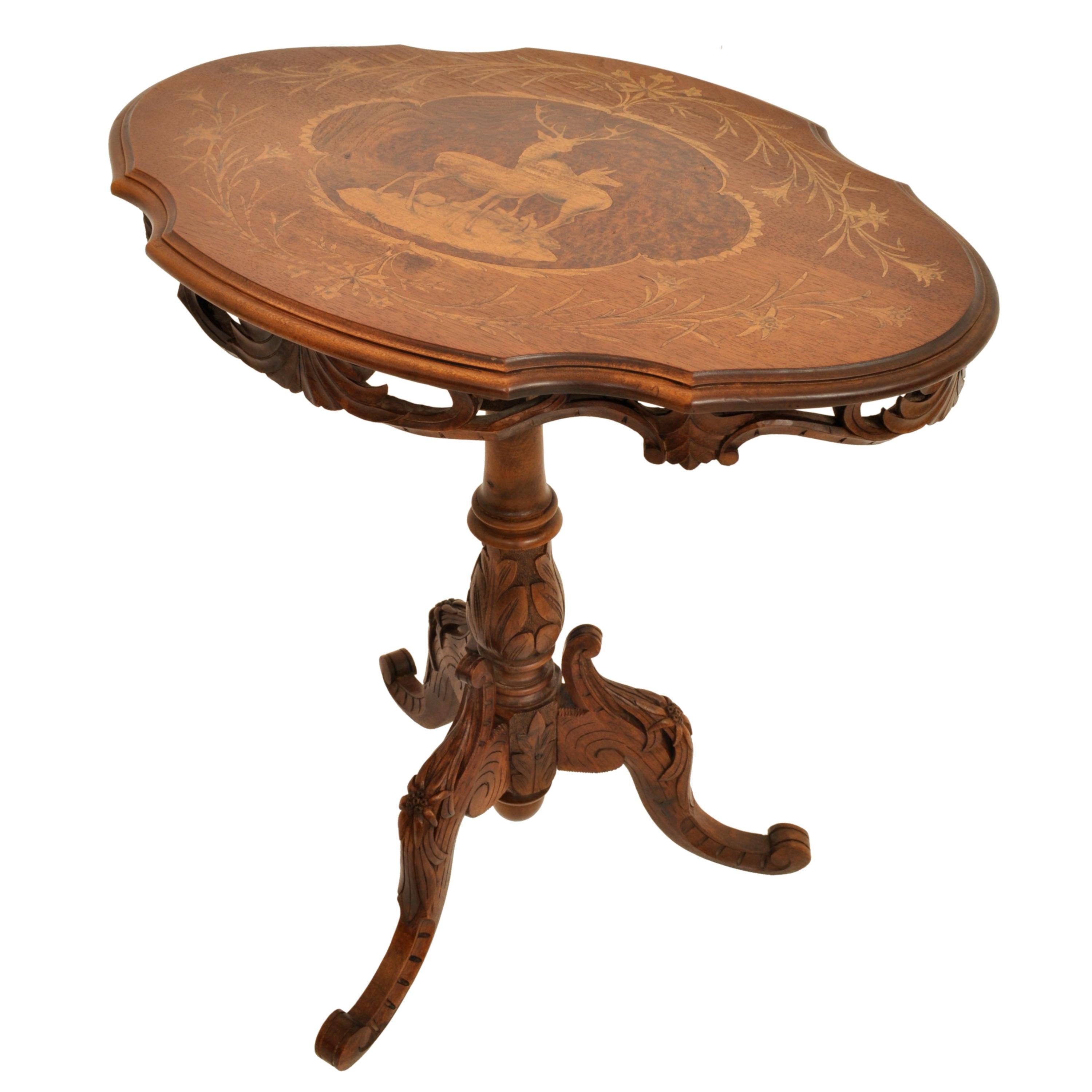 Late 19th Century Antique Swiss Black Forest Carved Inlaid Walnut Marquetry Tilt-Top Table, 1870