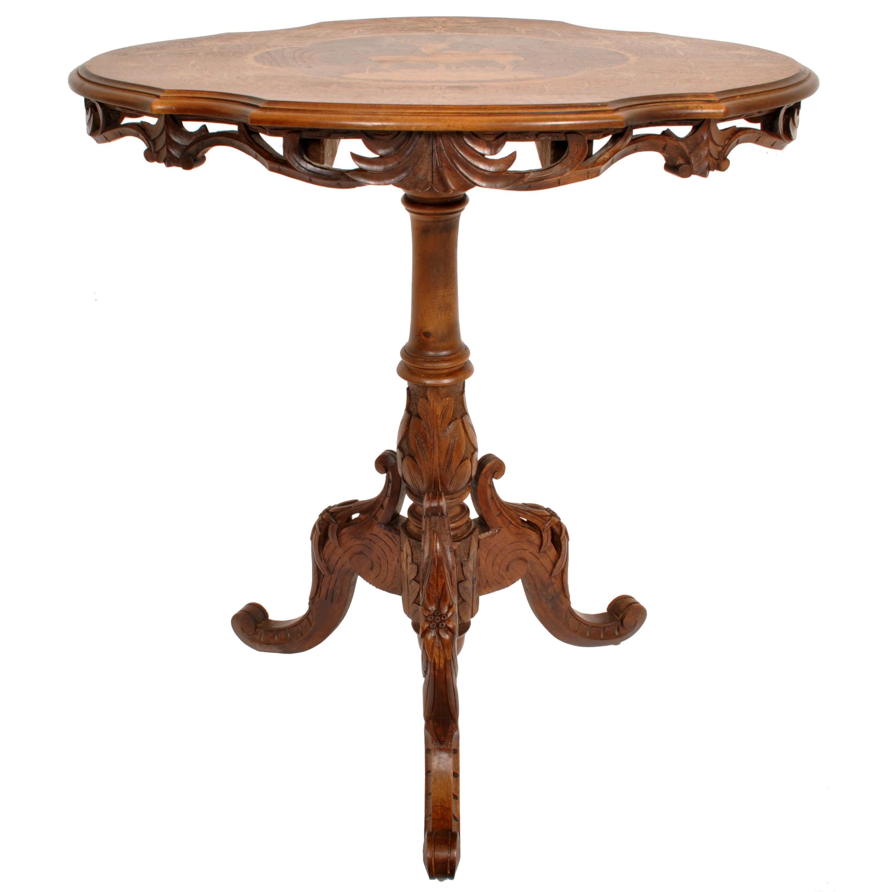 Fruitwood Antique Swiss Black Forest Carved Inlaid Walnut Marquetry Tilt-Top Table, 1870