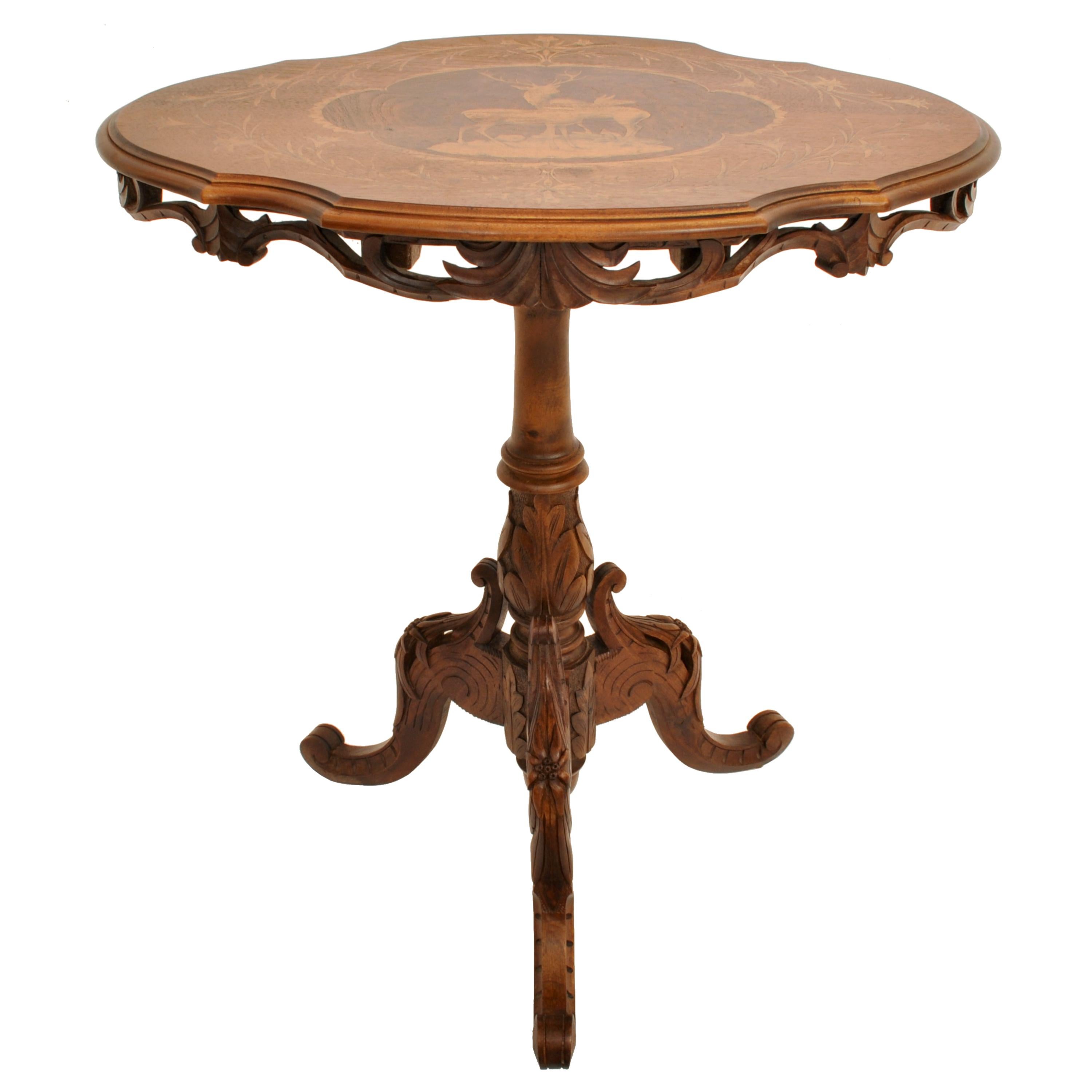 Antique Swiss Black Forest Carved Inlaid Walnut Marquetry Tilt-Top Table, 1870 1