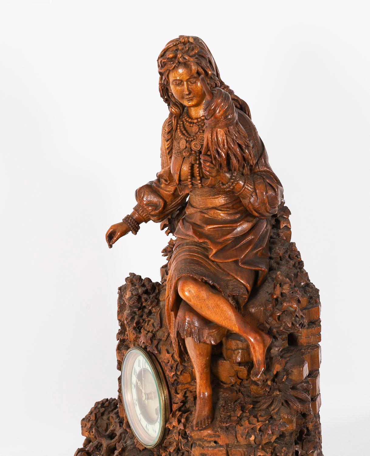 Antique Swiss 'Black Forest' Carved Linden Wood Clock 19th Century For Sale 10