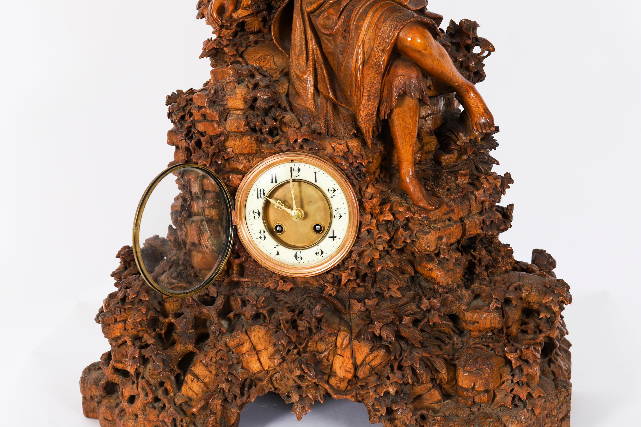 Antique Swiss 'Black Forest' Carved Linden Wood Clock 19th Century For Sale 11
